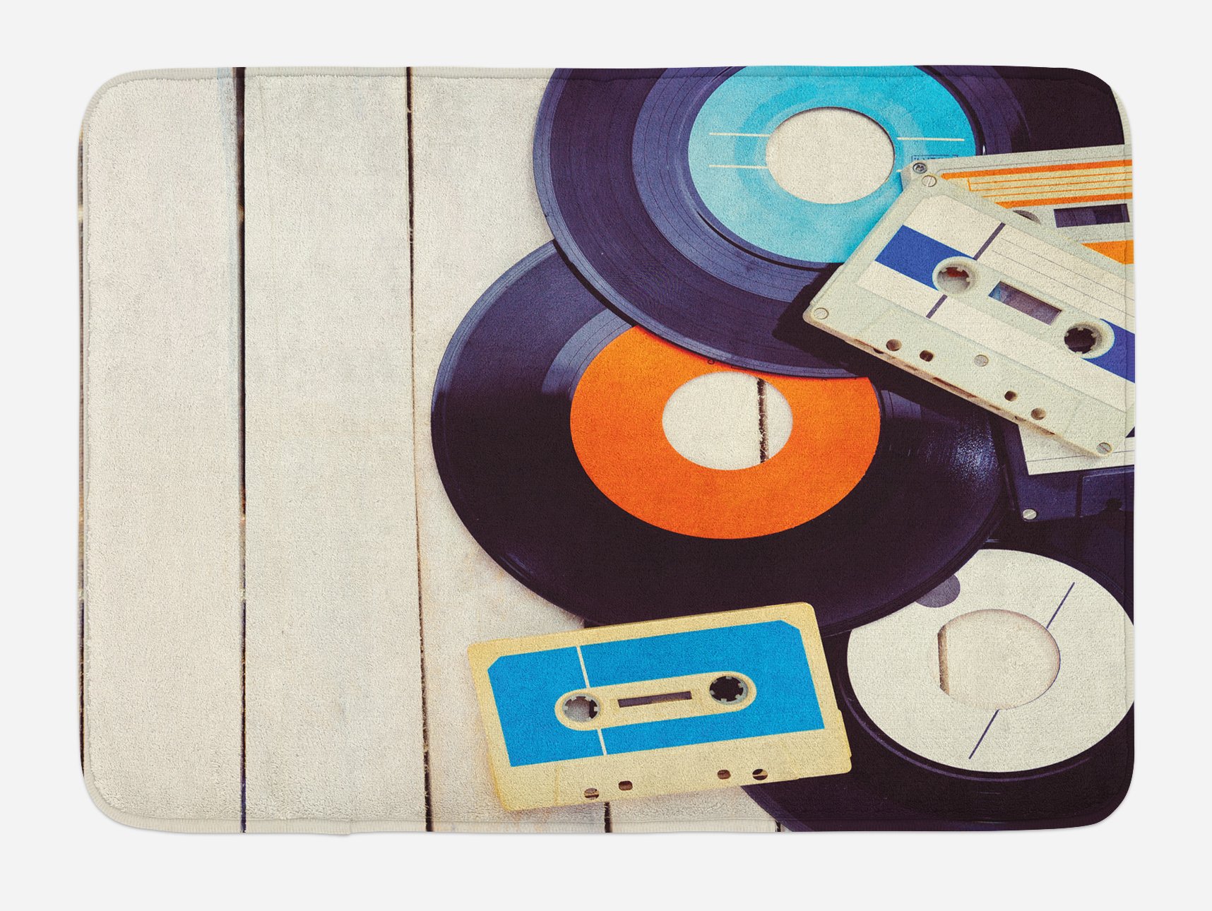 Ambesonne Vintage Music Bath Mat - Non-Slip Plush Bathroom Rug with Gramophone & Cassette Design, 30x20 Inches, Blue Orange Black - Perfect for Retro Decor, Guest Bathrooms & Music Lover Gifts