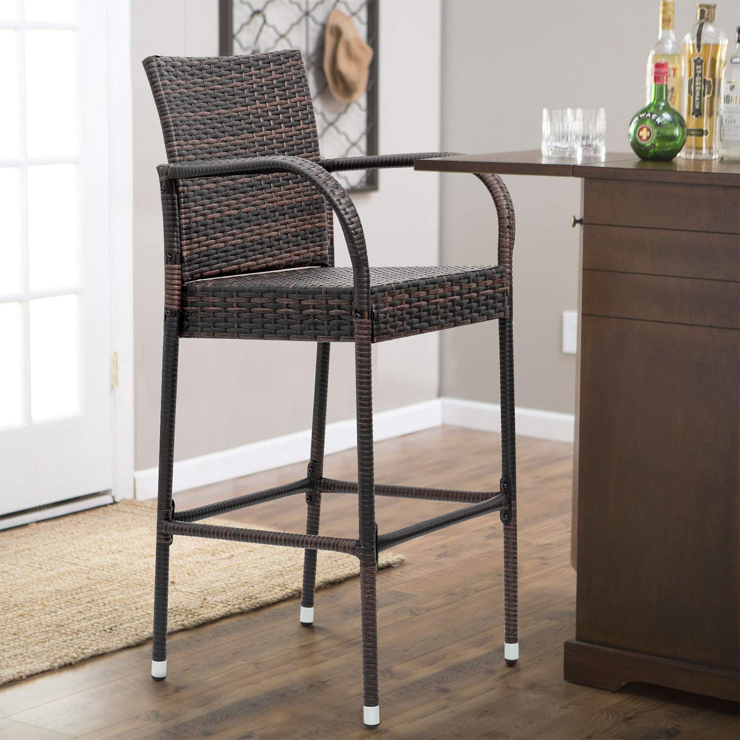 Homall 2-Pack Brown Wicker Bar Stools with Footrest & Armrest - Indoor Outdoor Patio Furniture for Garden, Pool, Lawn, Backyard - Perfect for Entertaining, Dining & Relaxing