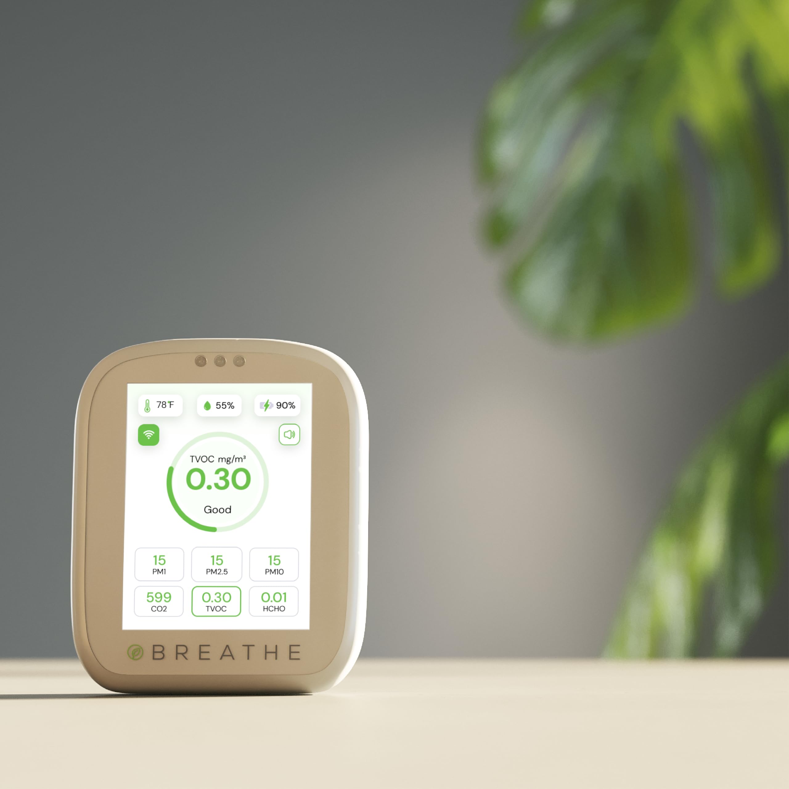 BREATHE Airmonitor Plus: 8-in-1 Smart Indoor Air Quality Monitor - CO2 Meter, Formaldehyde Detector, VOC Sensor, PM1/2.5/10, Temperature & Humidity Gauge with Mobile App - Perfect for Home, Office, Nursery & Bedroom Air Quality Testing