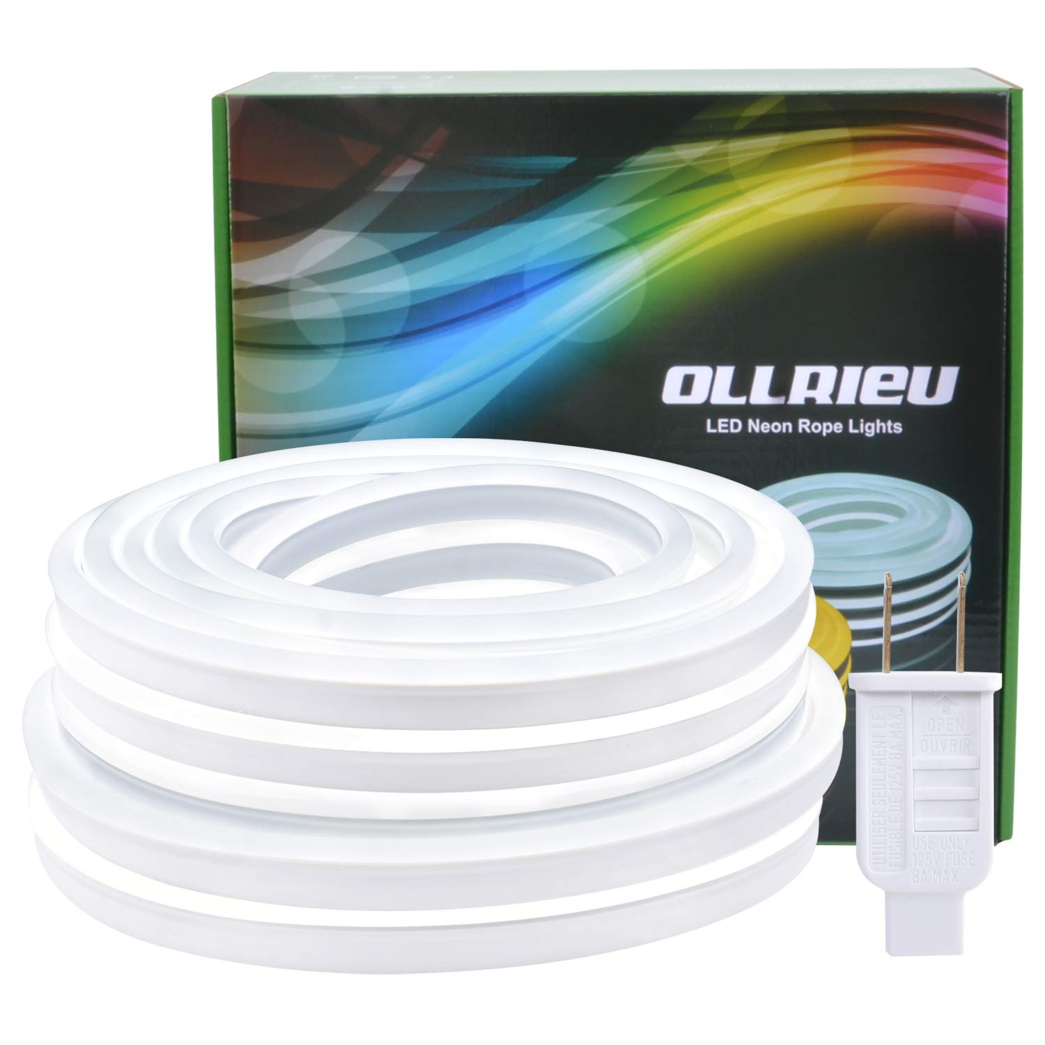 50ft LED Neon Rope Lights - 6000K Bright White Waterproof Outdoor Lighting with UL Power Plug (110V) - 1800 SMD2835 LEDs Connectable Flexible Light Strip for Bedroom, Patio, Deck, Kitchen, Party & Holiday Decorations