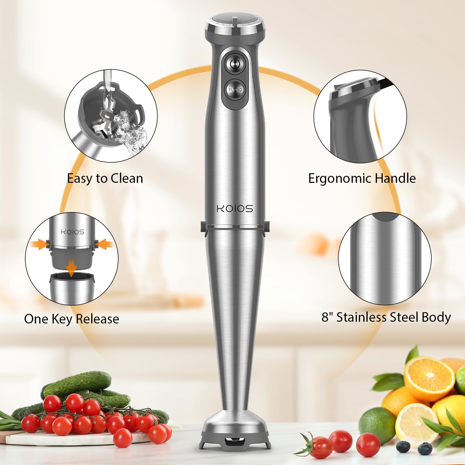 KOIOS 1000W 3-in-1 Immersion Hand Blender with 12 Speed Settings & Turbo Mode - Stainless Steel Anti-Scratch Blade, Whisk & Milk Frother Attachment - BPA-Free for Smoothies, Soups, Baby Food & Baking