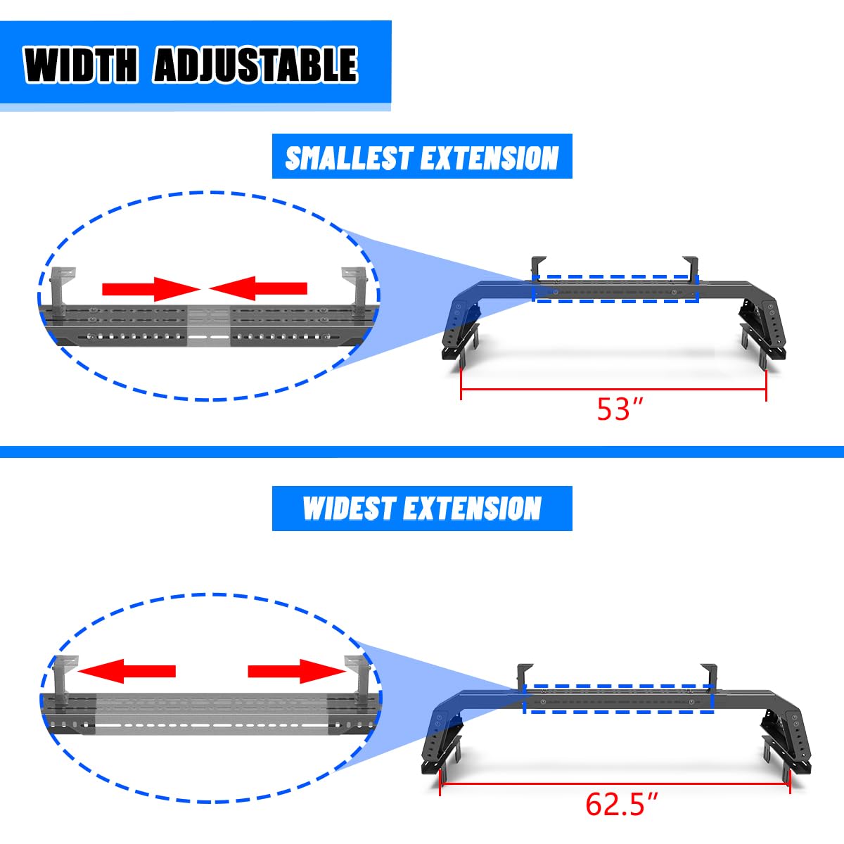 Adjustable Sport Bar Roll Bar for Mid-Size Pickup Trucks - Compatible with 1994-2004 Chevy S10, GMC Sonoma, 2005-2025 Toyota Tacoma & Nissan Frontier - Heavy Duty Chase Rack with LED Light Mounting Bracket - Perfect for Off-Roading, Camping & Truck Customization