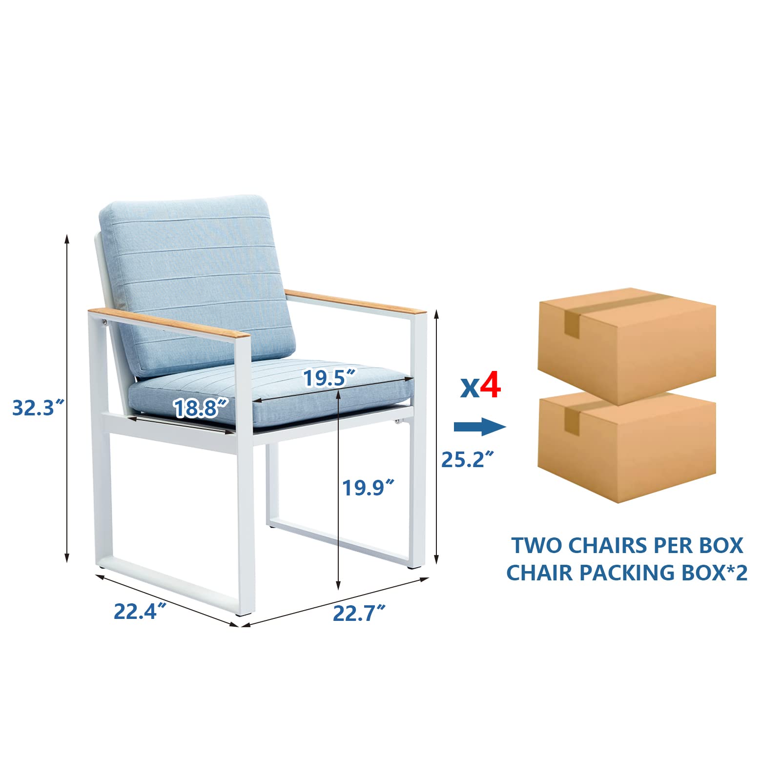 Premium Outdoor Dining Chair Set of 4 - Weather-Resistant Aluminum Patio Chairs with Teak Armrests & Cushions - White Garden Furniture for Backyard, Poolside & Restaurant Outdoor Seating
