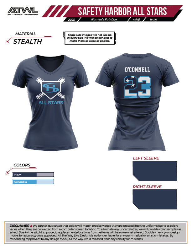 Safety Harbor All Stars Women's V-Neck Full Dye Jersey T-Shirt - Soft Cotton Comfort Fit for Casual Wear & Everyday Outfits (Navy Blue)