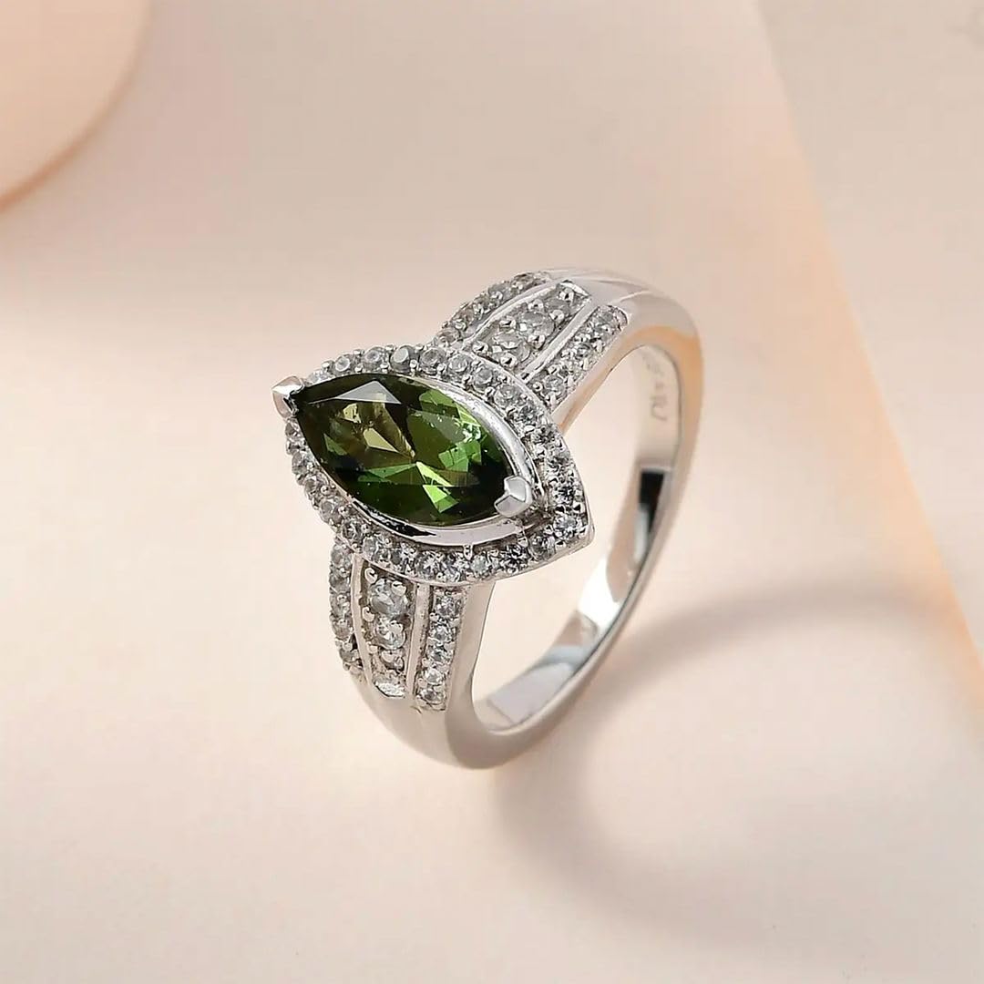 Moldavite Zircon Promise Ring for Women - 925 Sterling Silver Platinum Plated Wedding Jewelry, Size 6 - Perfect for Engagement, Anniversary, Birthday Gifts & Bridal Accessories | Elegant Jewelry for Special Occasions & Everyday Wear