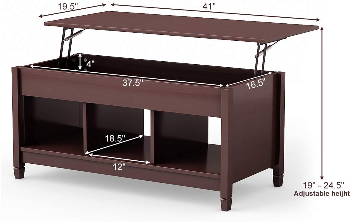 Modern Moccha Wood Lift Top Coffee Table with Hidden Storage & Open Shelf - Espresso Finish for Living Room, Office & Reception Areas | Space-Saving Pop-Up Design for Dining, Working & Entertaining