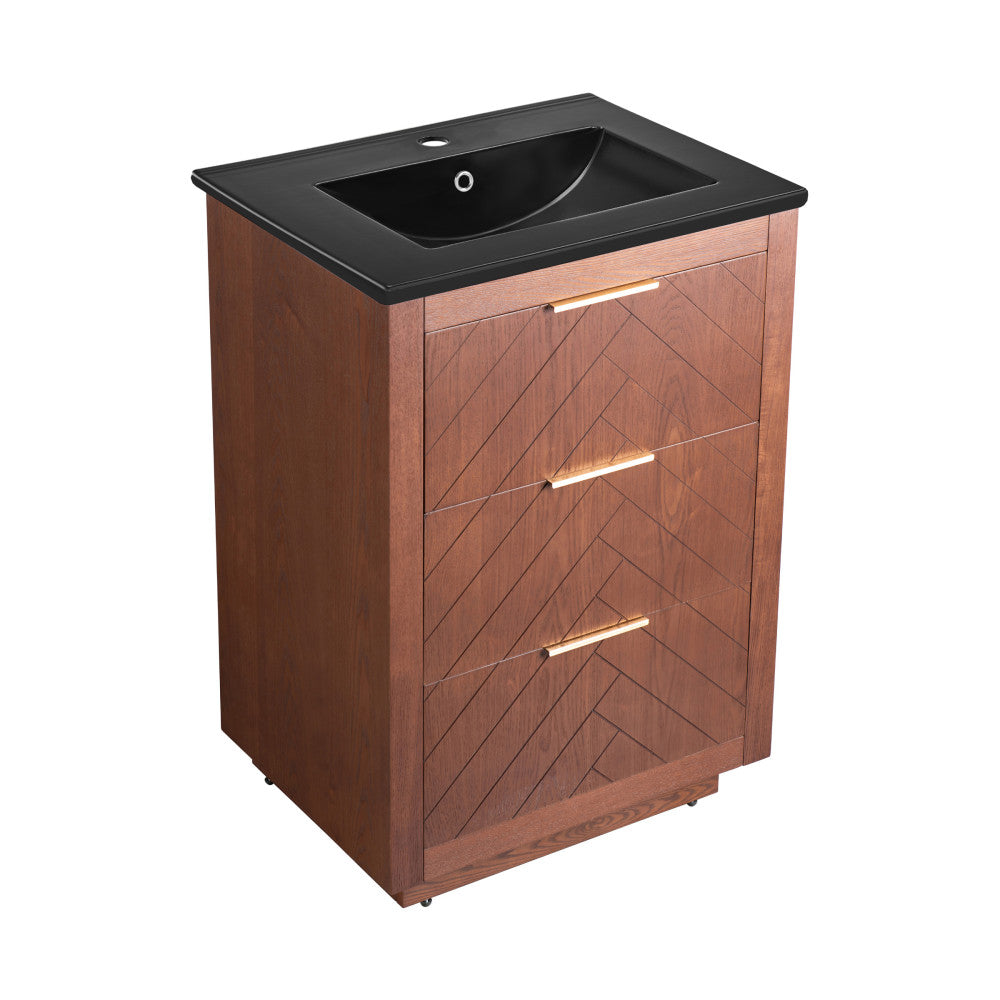 Daxton 24 Inch Freestanding Bathroom Vanity - Brown Oak Finish with Black Sink Top - Modern Bathroom Storage for Small Spaces & Powder Rooms