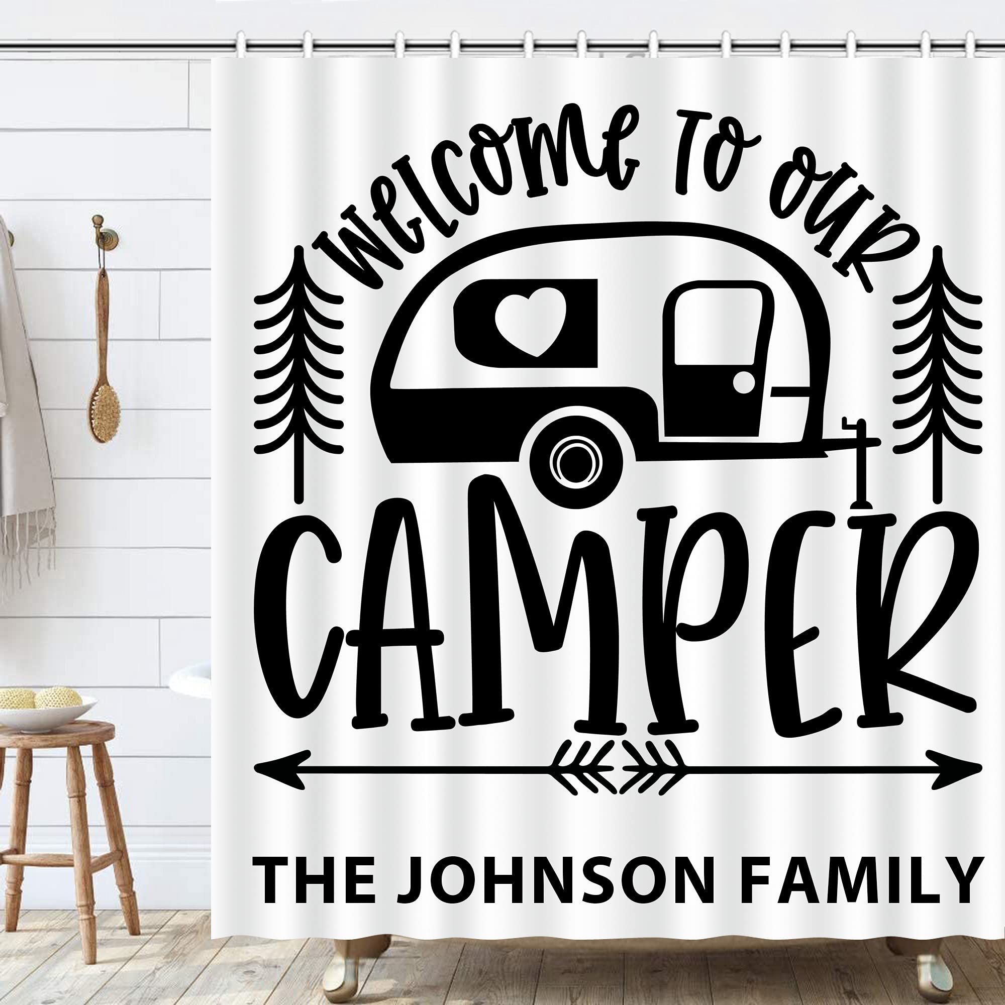 Custom RV Shower Curtain with Family Name - Happy Camper Decor for Travel Trailers | Camping Must-Haves