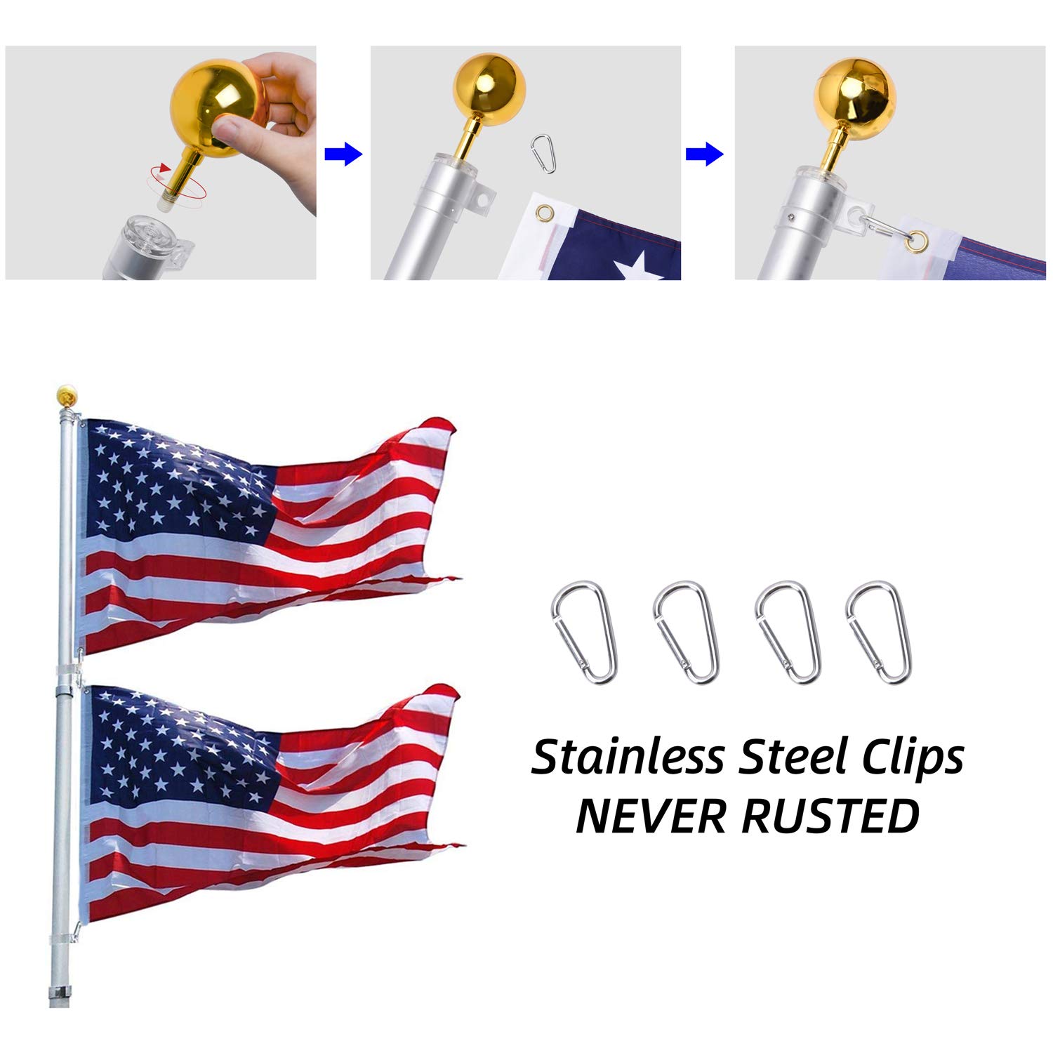 **30Ft Heavy Duty Aluminum Telescoping Flag Pole Kit - 14 Gauge, 2 Flags Capacity with 3x5 American Flag & Golden Ball Top - Ideal for Commercial, Residential, Schools & Patriotic Events**