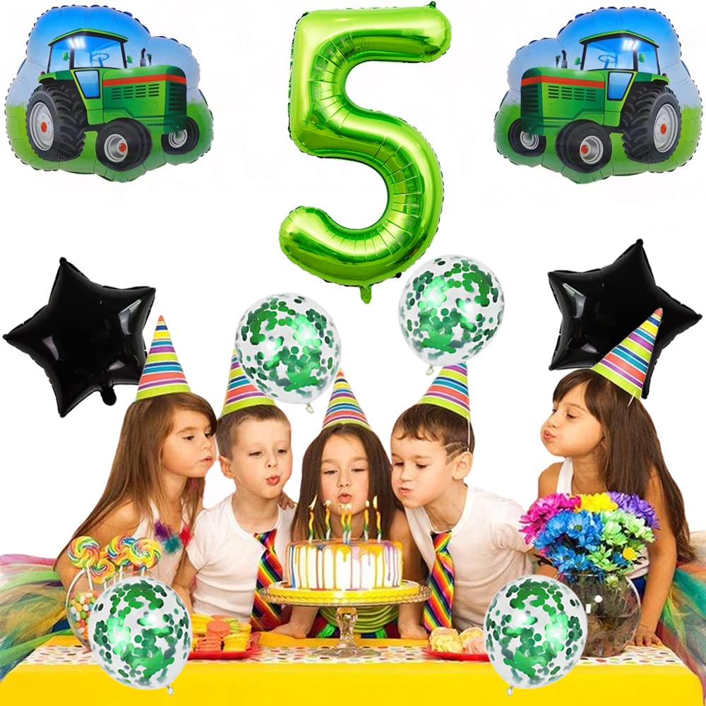 Jumbo 32 Inch Green Number 5 Tractor Foil Balloon - Farm Theme Birthday Party Decorations for 5th Birthday, Baby Shower & Gender Reveal - Helium Ready for Indoor/Outdoor Celebrations
