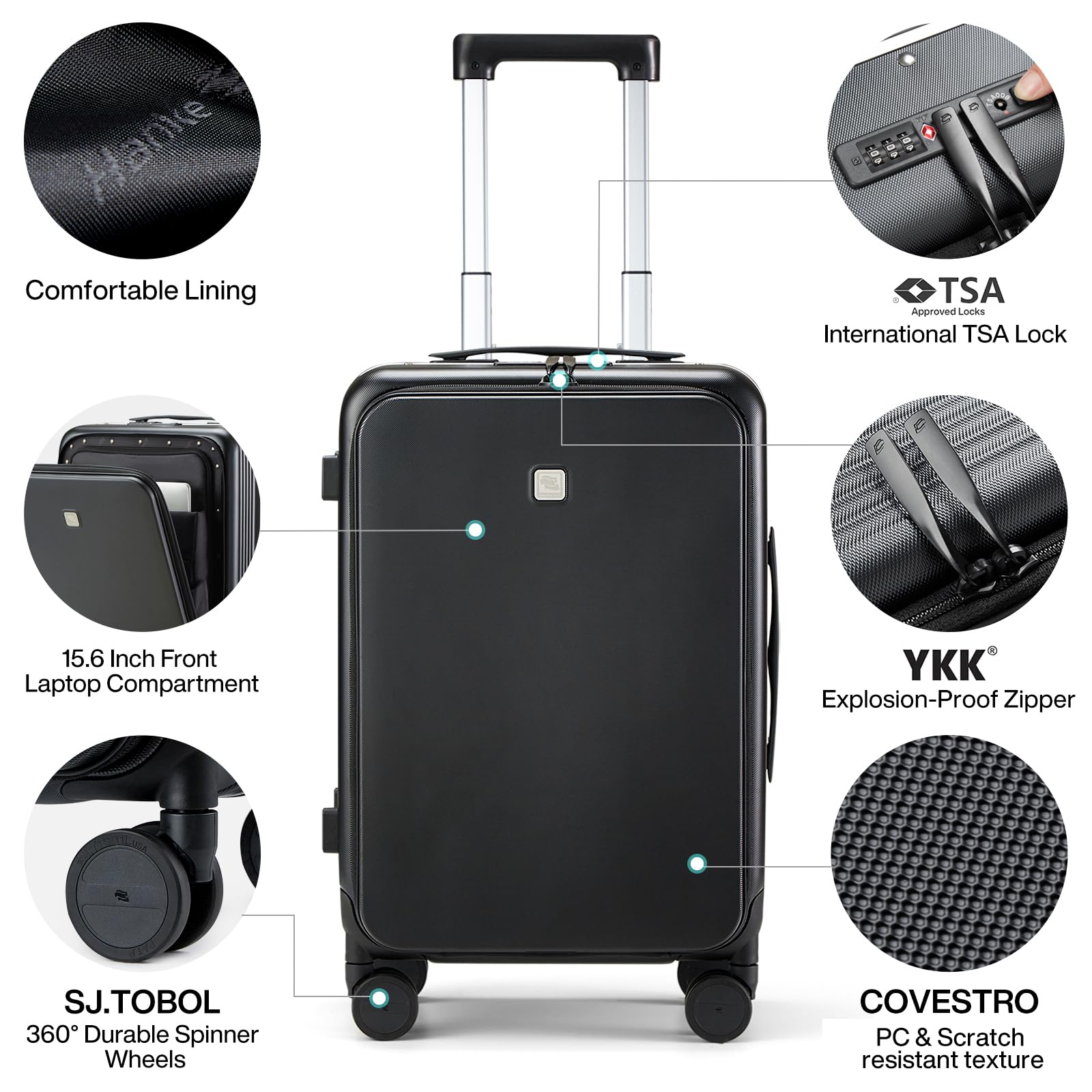 Hanke Grace 20 Inch Hard Shell Carry On Luggage with Wheels - Airline Approved Aluminum Frame Suitcase with Front Pocket for Business Travel & Short Trips (Jet Black) | Perfect for Business Professionals & Weekend Getaways
