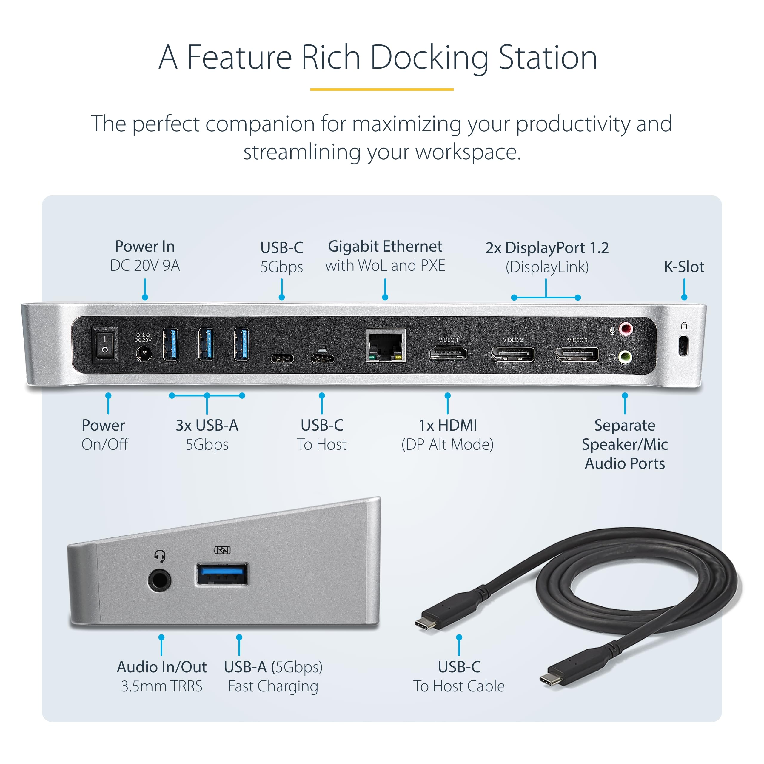 StarTech.com 4K USB C Docking Station with 60W Power Delivery - Triple Monitor Support (HDMI & DisplayPort) - Ideal for Home Office, Gaming & Multi-Tasking (DK30CH2DPPDU)
