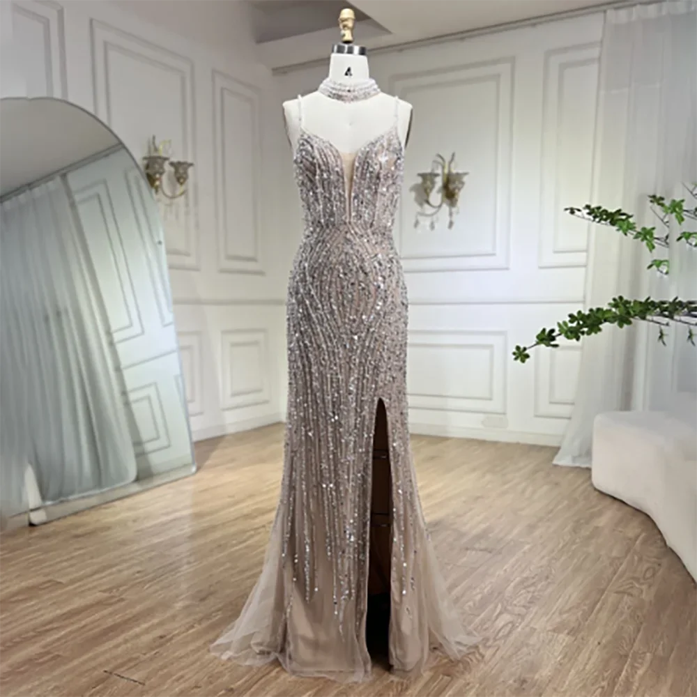 Elegant Silver Nude Mermaid Evening Dress with Beaded Spaghetti Straps & Split Design - Women's Prom Gown for Parties, Galas & Special Occasions 2025 (Style LA72047B) - Perfect for Formal Events, Wedding Receptions & Red Carpet Occasions