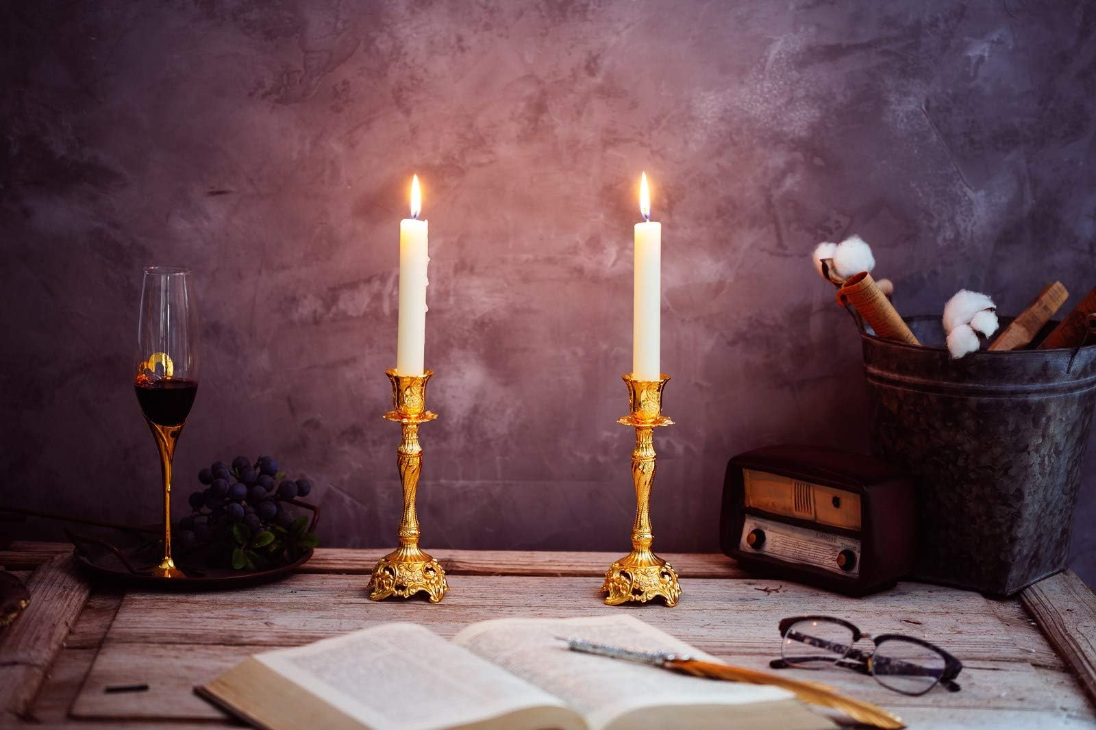 Luxury Gold Candlestick Holders Set of 2 - Elegant Taper Candle Holders for Wedding, Christmas, Shabbat & Home Decor - 7.4 Inch Tall Candle Centerpiece for Dining Table, Mantel & Holiday Decorations