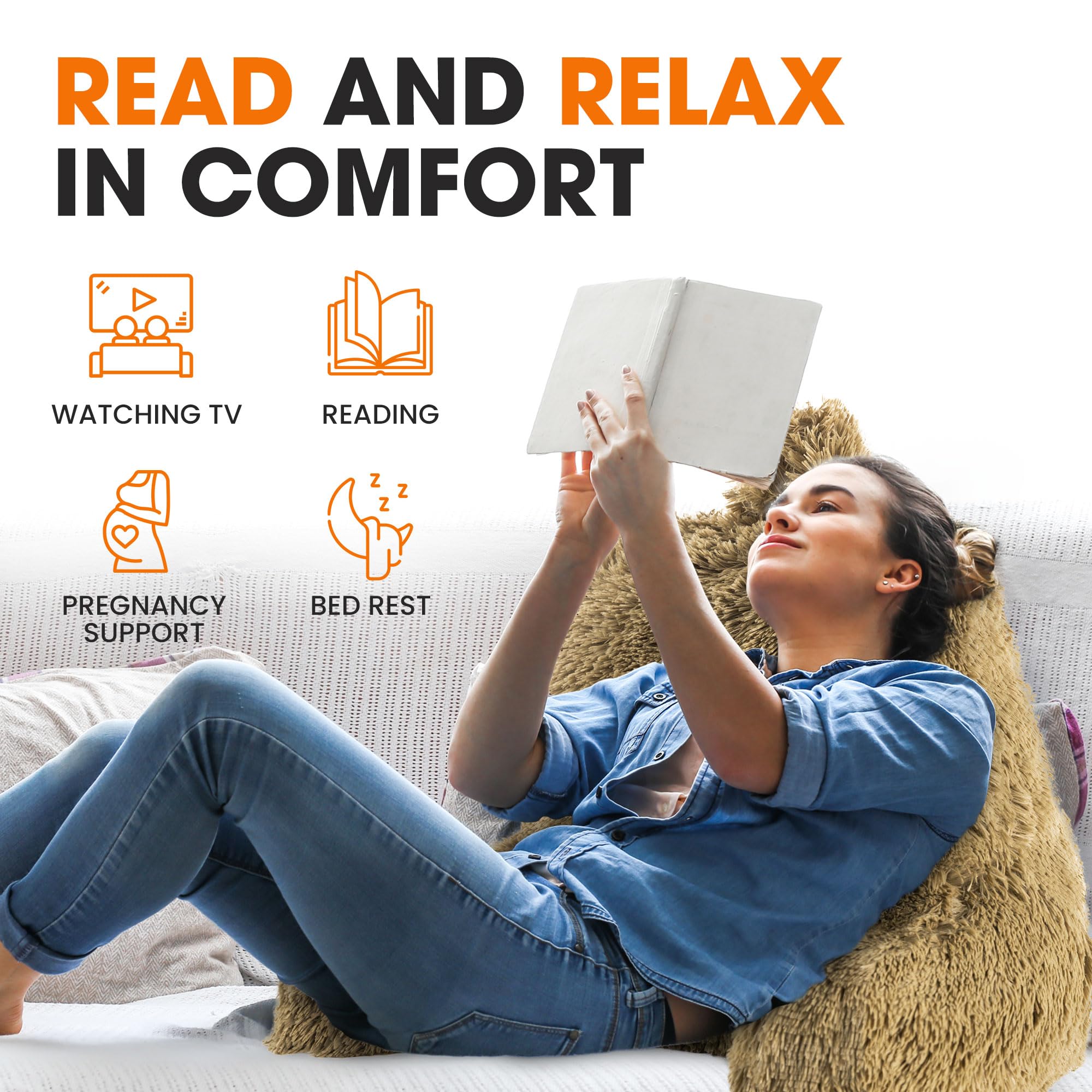 Fluffy Shaggy Hair Reading Pillow Chair with Arms - Soft Comfort for Bed & Couch - Gold Cheer Collection | Perfect for Reading, Relaxing & Lounging at Home