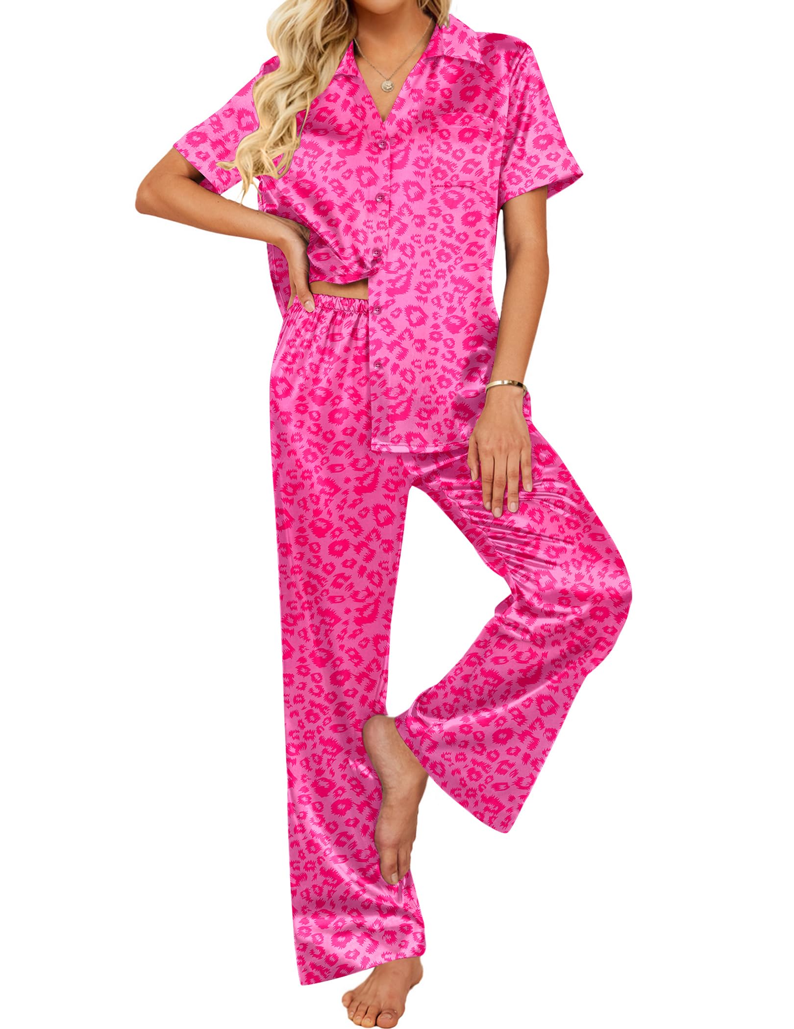 Ekouaer Women's Silk Satin Pajama Set - 2 Piece Soft Button Down Sleepwear with Wide Leg Pants & Pockets | Comfortable Loungewear for Sleeping, Relaxing at Home, and Travel