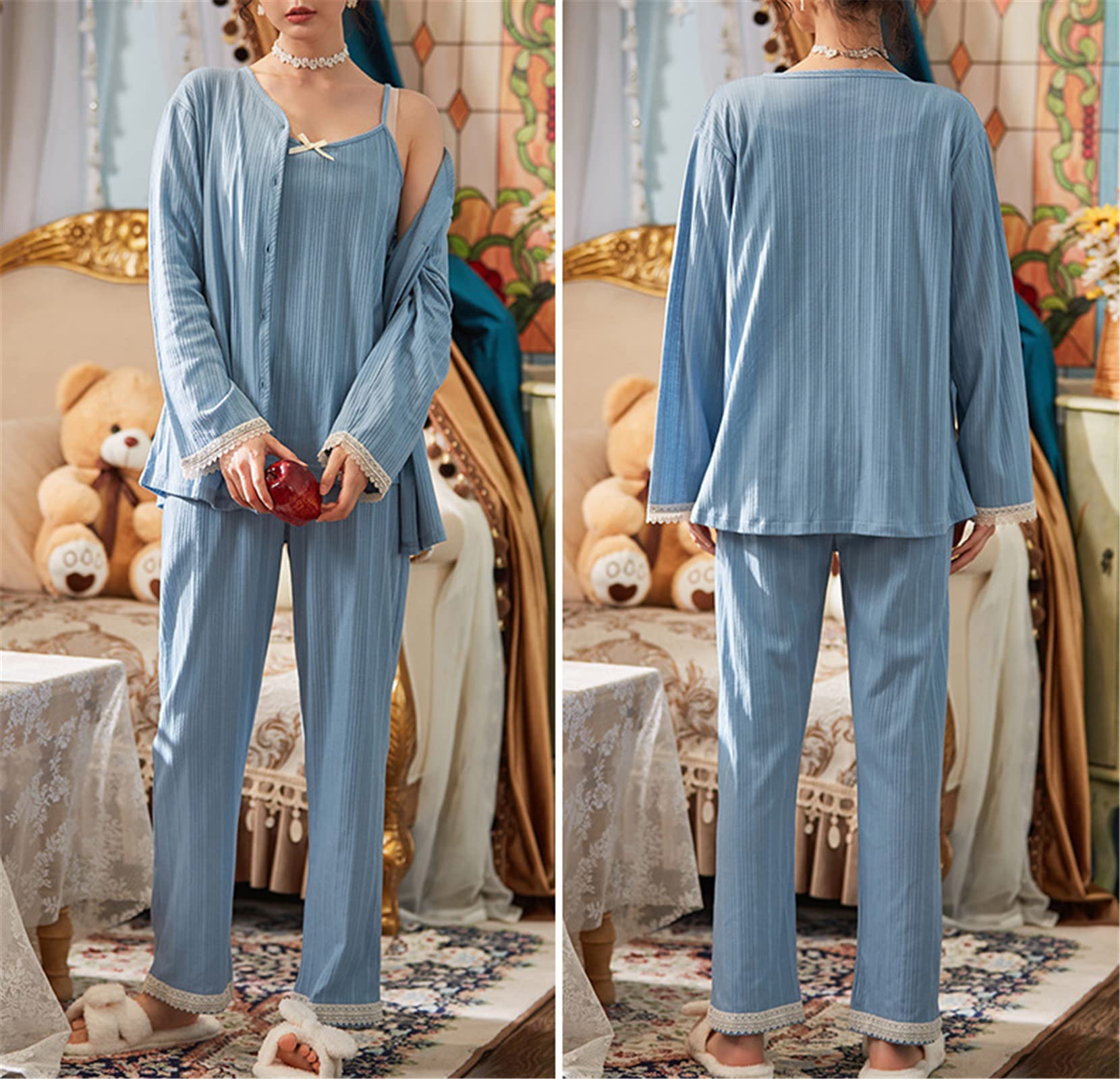 POSSIDEA Women's Pajama Set - Soft V-Neck Cardigan, Cami Top & Lounge Pants Comfy Sleepwear for Women | Perfect for Home Relaxation, Sleep & Lounging