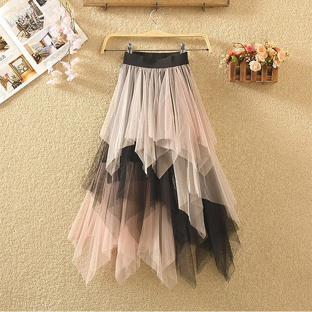 UXZDX CUJUX Women's Tulle Skirt - Summer Fashion Korean Style High Waist Pleated Maxi Skirt with Irregular Hem & Contrast Colors (Pink, Apricot, Black) | Perfect for Weddings, Parties & Casual Outfits