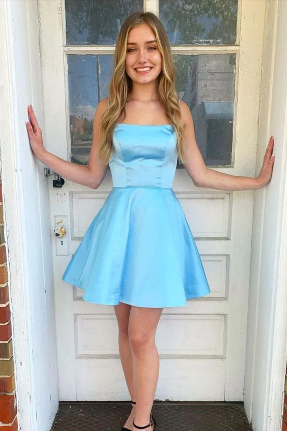 Light Blue Satin A-Line Short Homecoming Dress J3887 - Perfect for Prom, Party & Special Occasions