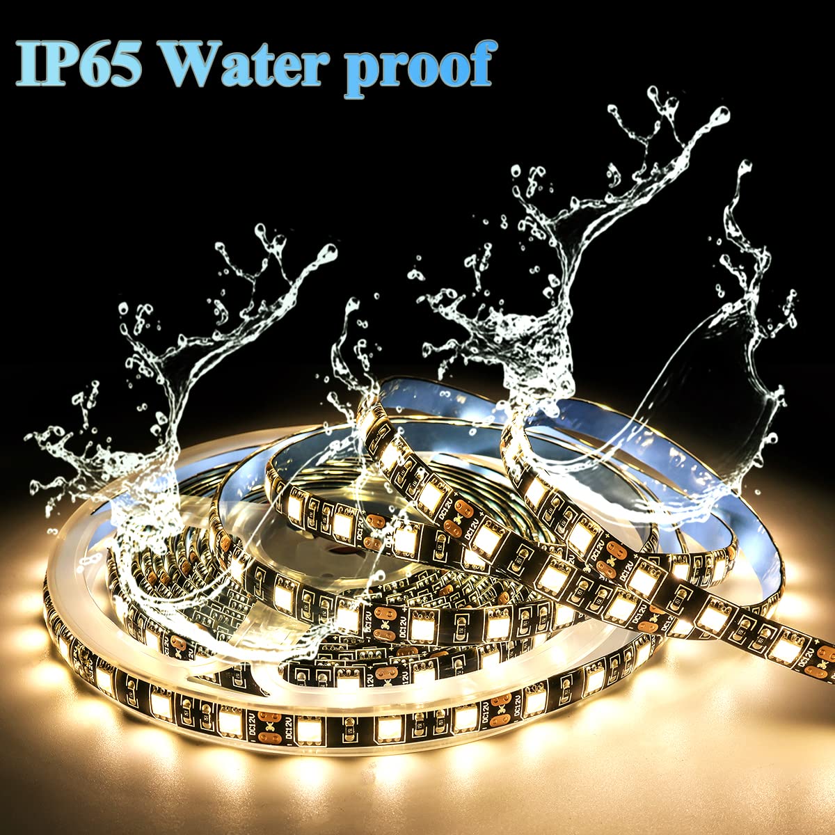 12V LED Strip Light 16.4ft, Warm White 3000K - Waterproof IP65 Black PCB SMD 5050 LED Tape with 300 LEDs - Perfect for Bedroom, Kitchen, Cabinet, and Home Decoration Lighting