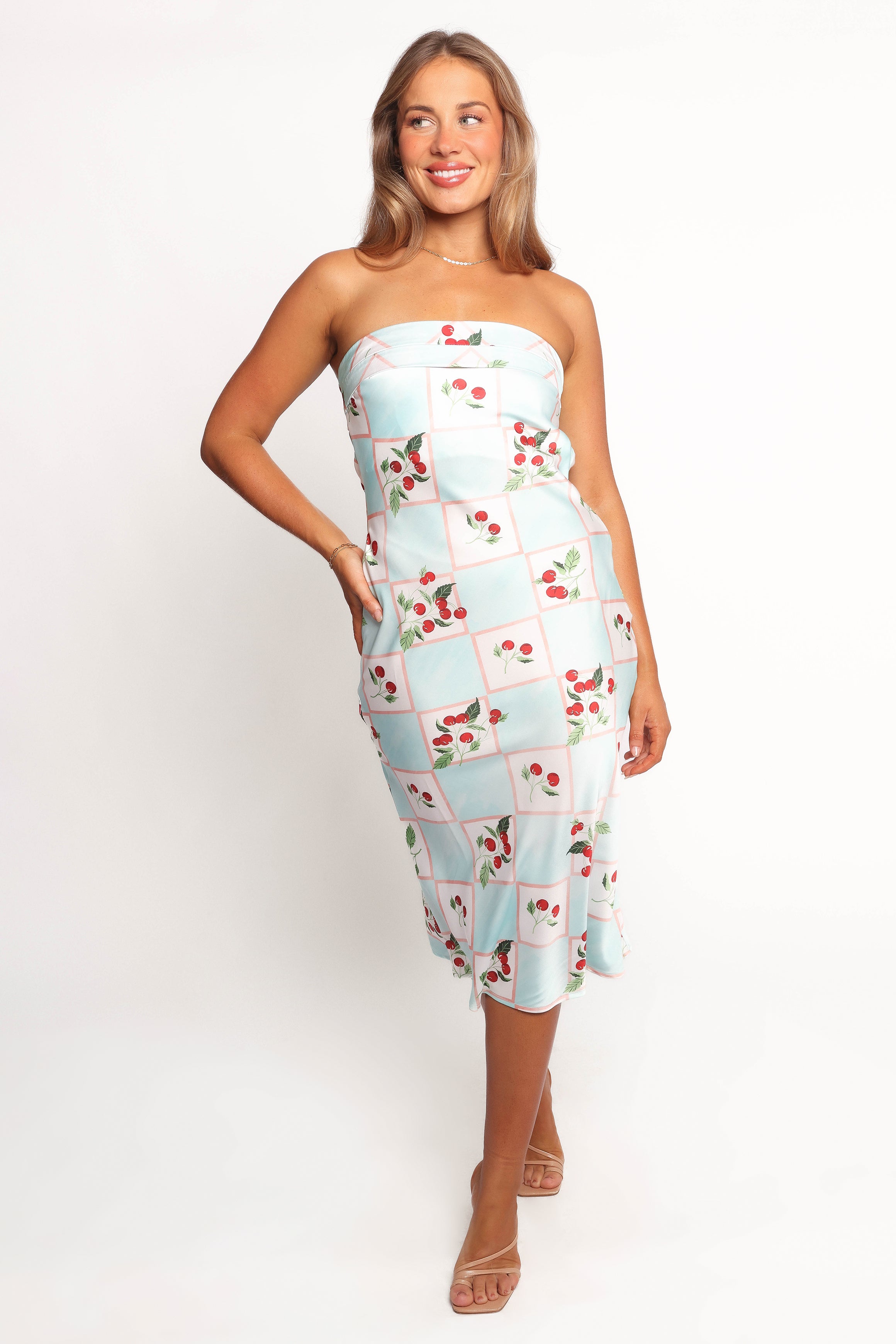Benton Strapless Midi Dress - Floral Cherry Print Summer Dress for Women, Perfect for Beach Vacation, Date Night & Outdoor Parties