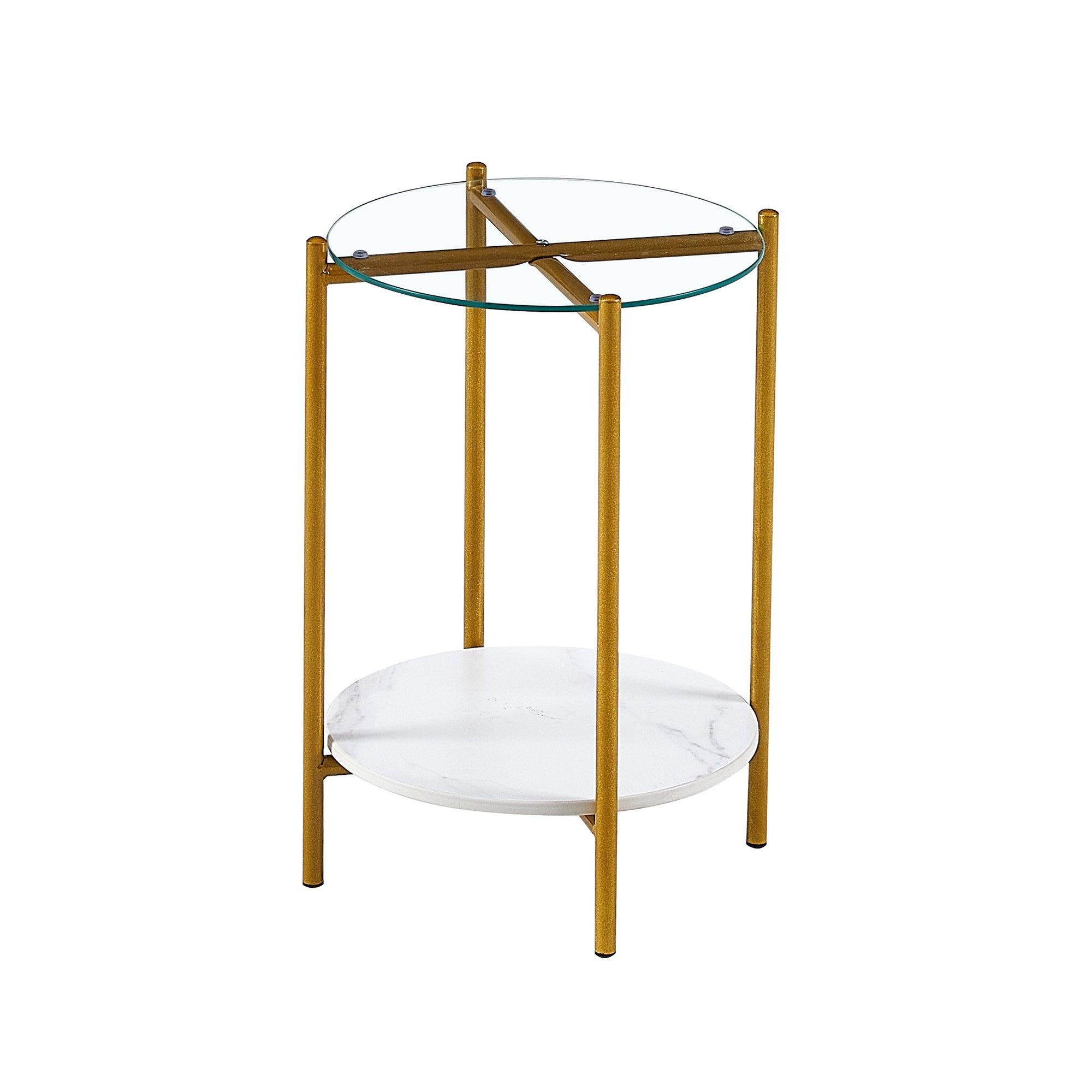 2-Tier Round End Table with Tempered Glass & Marble Top - Gold Metal Frame Accent Table for Living Room, Bedroom, Office - Perfect for Coffee, Books & Decor Display