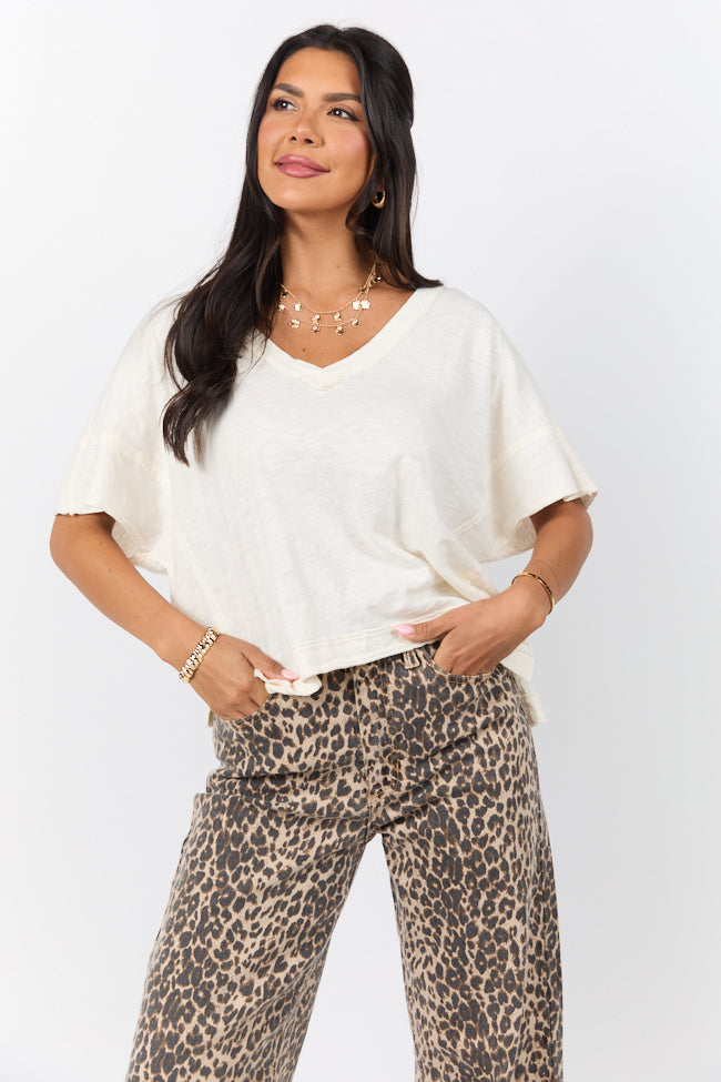 Rooted Essential Cream V Neck Tee for Women - Soft Cotton Comfortable Casual T-Shirt - Perfect for Everyday Wear, Workouts & Layering