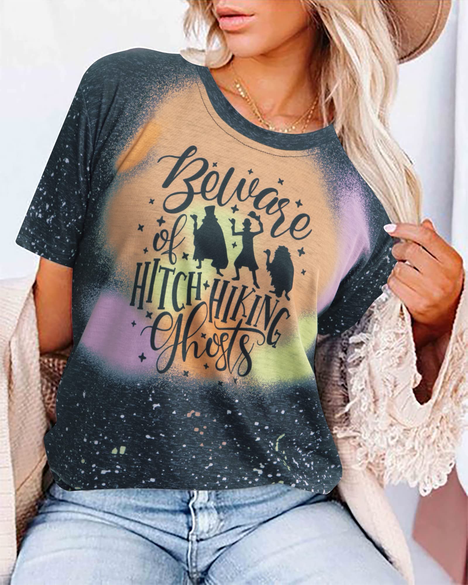 Funny Beware of Hitch Hiking Ghost T-Shirt for Women - Haunted Halloween Short Sleeve Tee - Perfect for Halloween Parties & Spooky Costumes