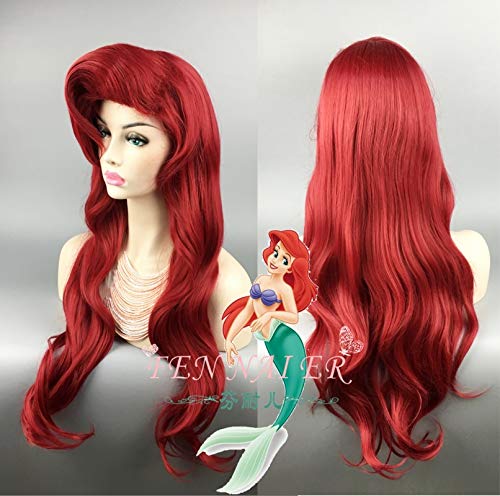 70cm The Little Mermaid Red Wig - Synthetic Wavy Cosplay Hair for Ariel Princess Costume with Wig Cap (FNE-579) | Perfect for Halloween, Cosplay, Role Play & Themed Parties