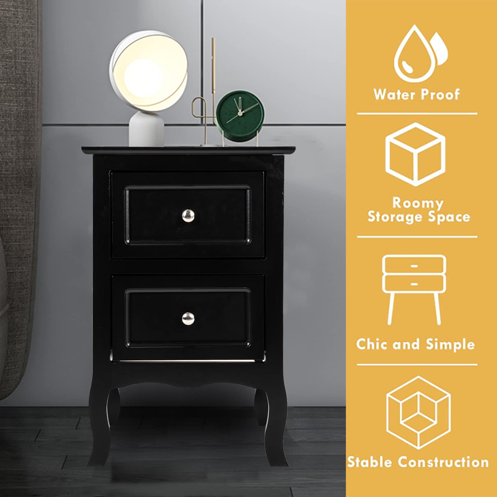 Mid Century Modern Nightstand with 2 Drawers - Solid Wood Bedside Table with High Legs - Black End Table for Bedroom, Living Room & Office - Perfect for Small Spaces & Minimalist Home Decor