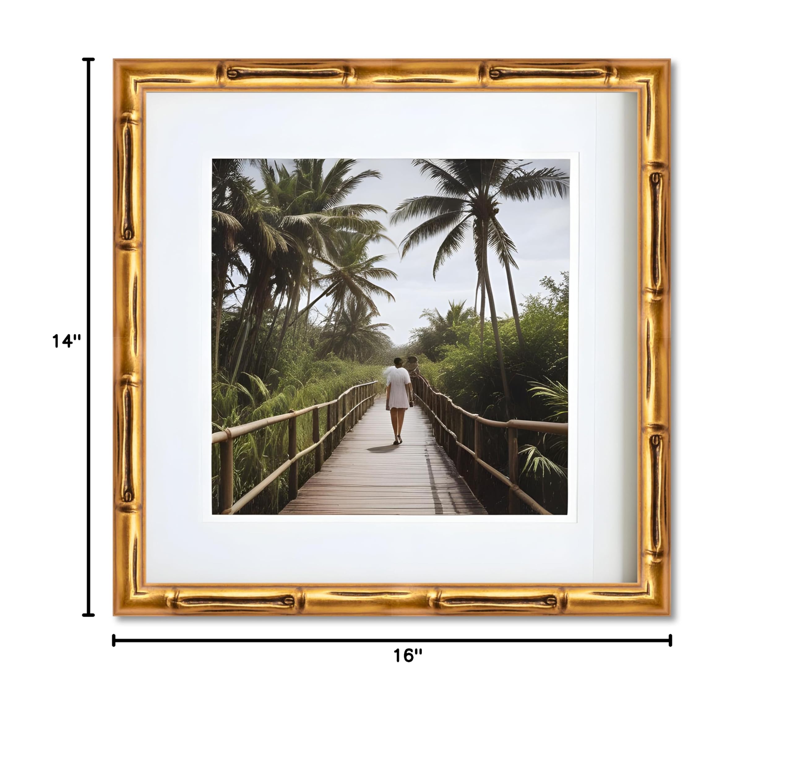 14x16 Inch Gold Bamboo Solid Wood Picture Frame - 1 Inch Moulding Width, 0.75 Inch Depth - Includes UV Acrylic Plexiglass, Foam Board Backing & Hanging Hardware - Perfect for Wall Art, Family Photos & Home Decor