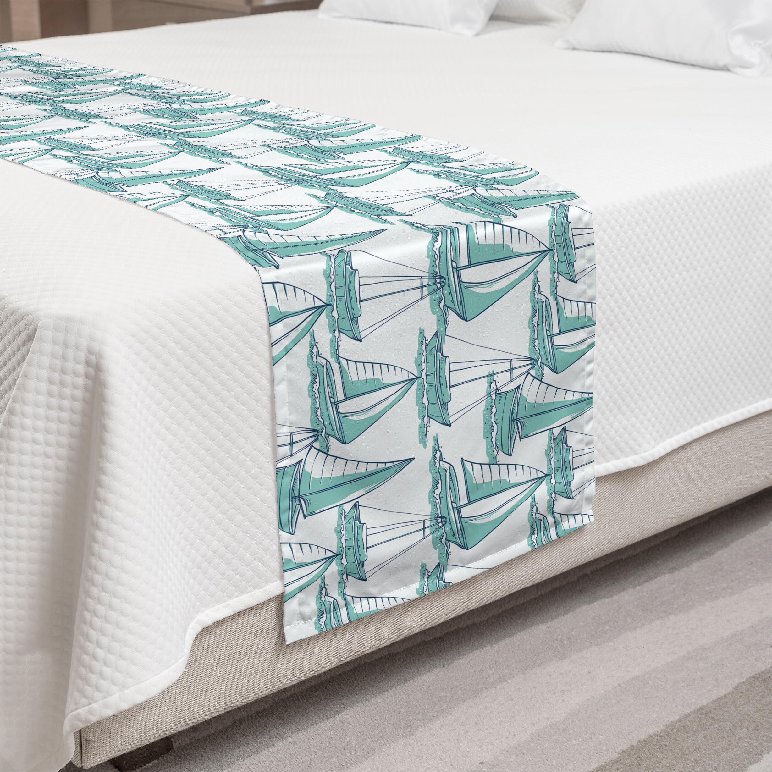 Ambesonne Nautical Bed Runner - Sailboat Sketch Design on Sea Waves, Decorative Bed Scarf for Home, Hotel & Guest Room - Seafoam & Dark Sky Blue | Perfect for Coastal, Beach House & Marine Themed Bedrooms