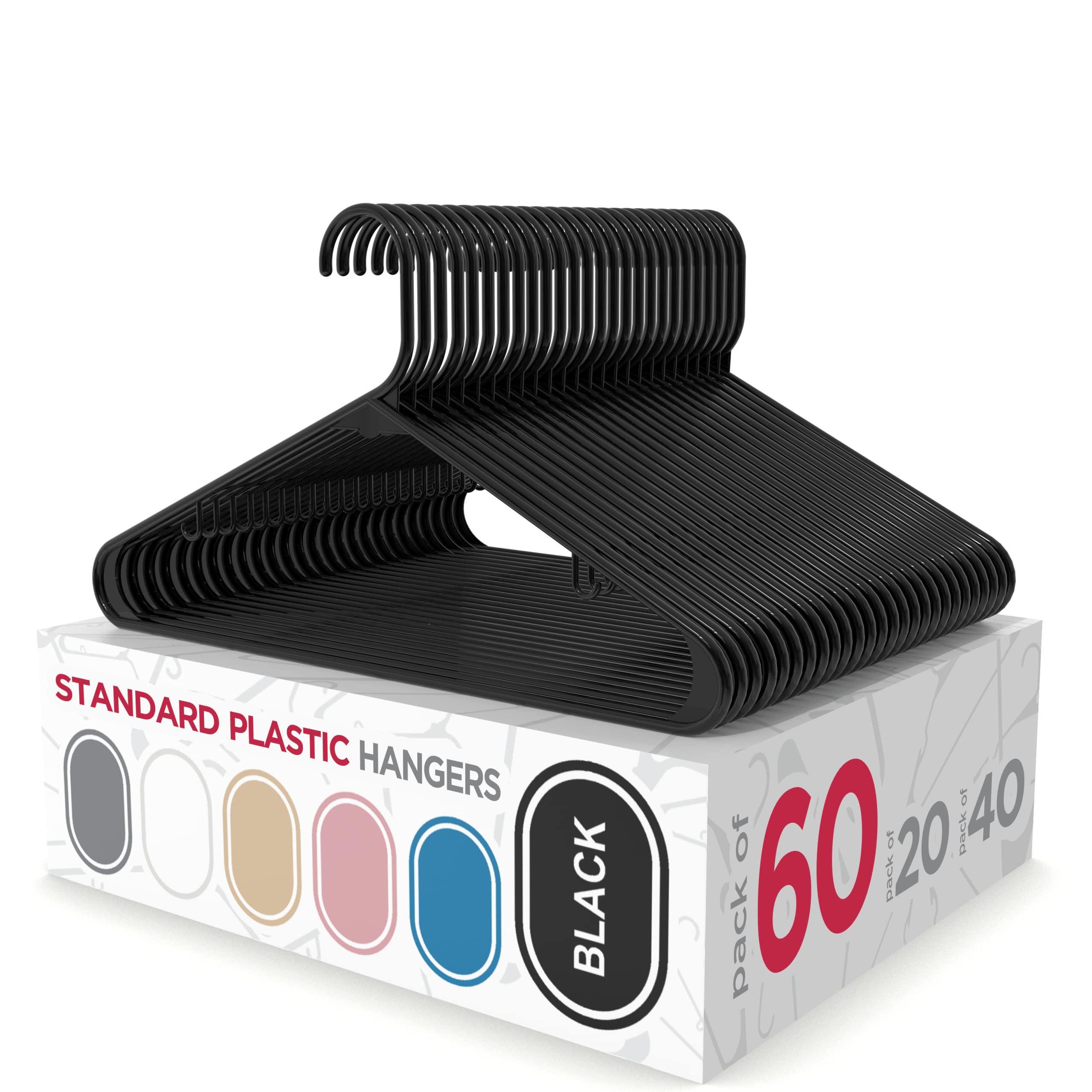 Sharpty 60 Pack Black Plastic Clothes Hangers - Durable Thick Hangers for Shirts, Coats & Clothing - Space Saving Closet Organizers for Everyday Use, Wardrobe Essentials & Home Organization