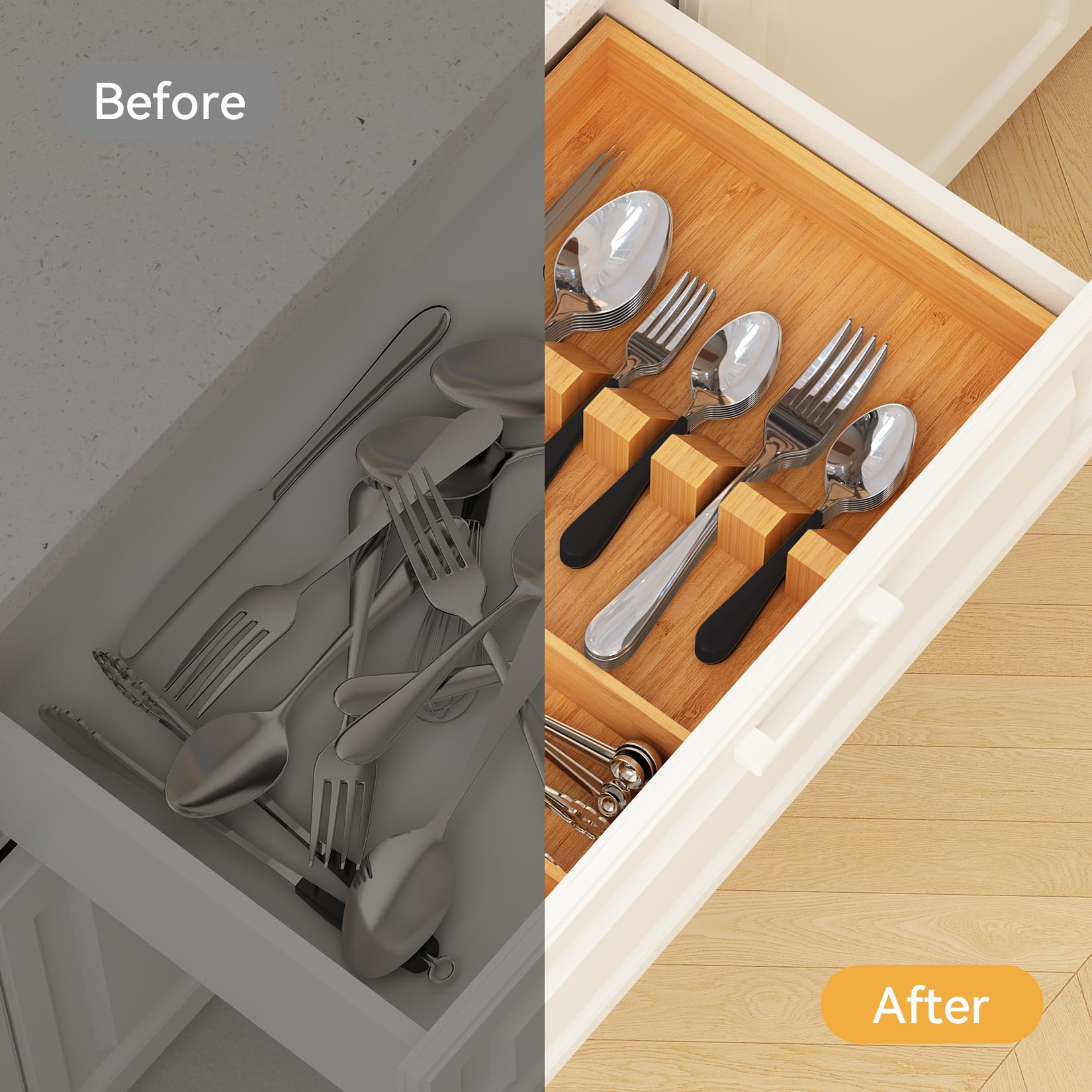 Yofidra Pure Bamboo Silverware Drawer Organizer - 16.5 Inch Large Utensil Tray with 3 Compartments & 6 Card Slots | Kitchen Flatware Organizer for Spoons, Forks, Knives | 2024 Upgraded Design | Perfect for Home, Restaurant & Office Organization
