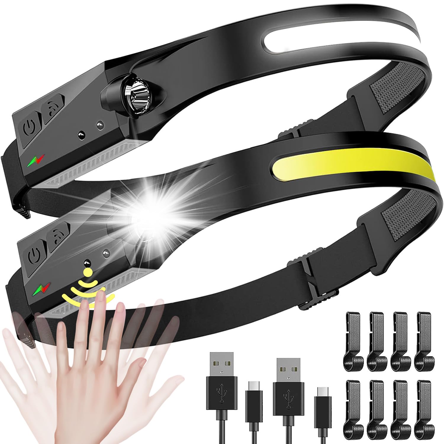 Rechargeable LED Headlamp 2 Pack - 230° Wide Beam Headlight with Motion Sensor, 5 Modes for Camping, Hiking, Running & Outdoor Activities - Perfect for Night Walking, Dog Walking and Emergency Use
