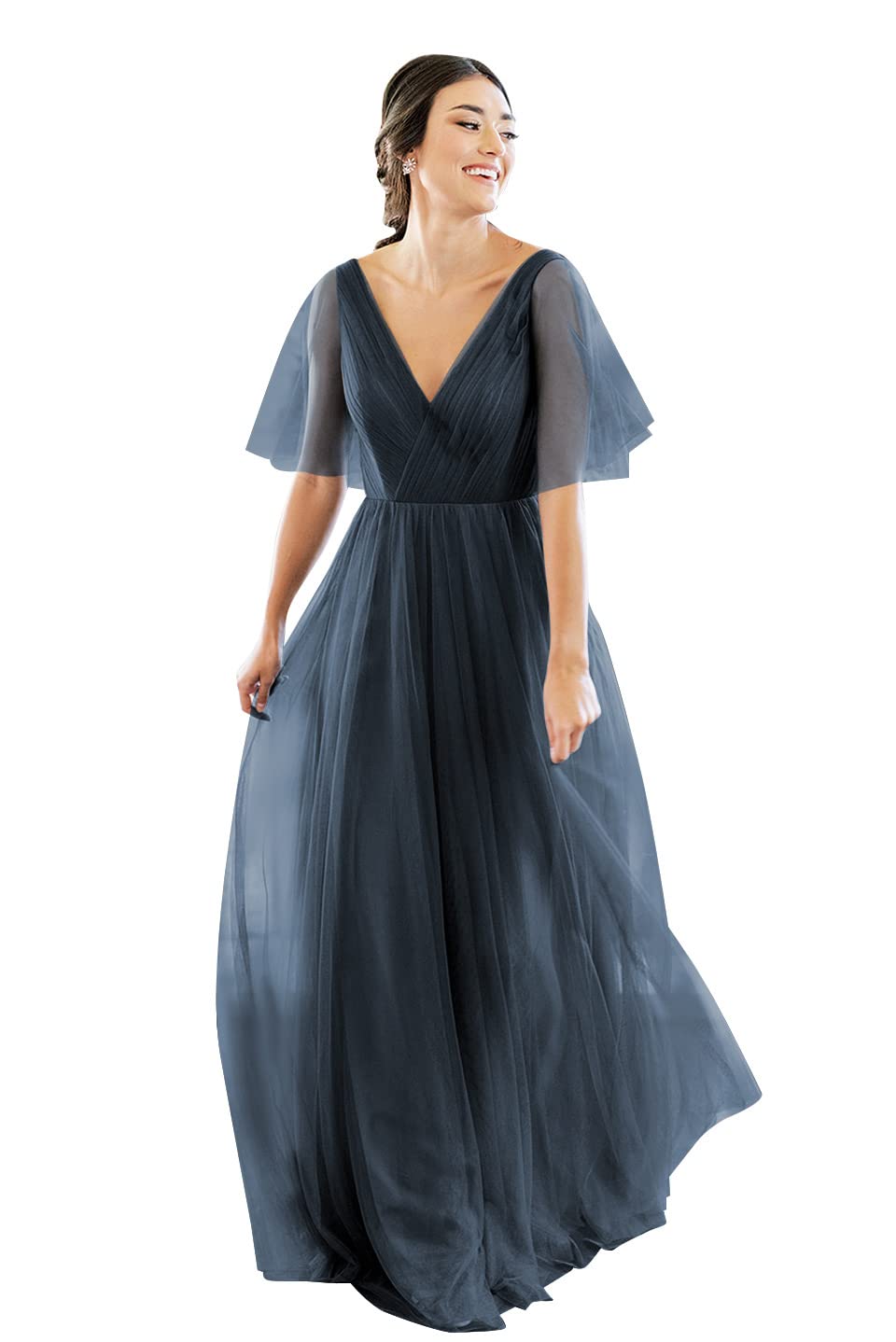 Elegant V-Neck Short Sleeve Tulle Bridesmaid Dress for Women - Backless Long Formal Wedding & Prom Gown (Perfect for Bridal Party, Evening Events & Special Occasions)
