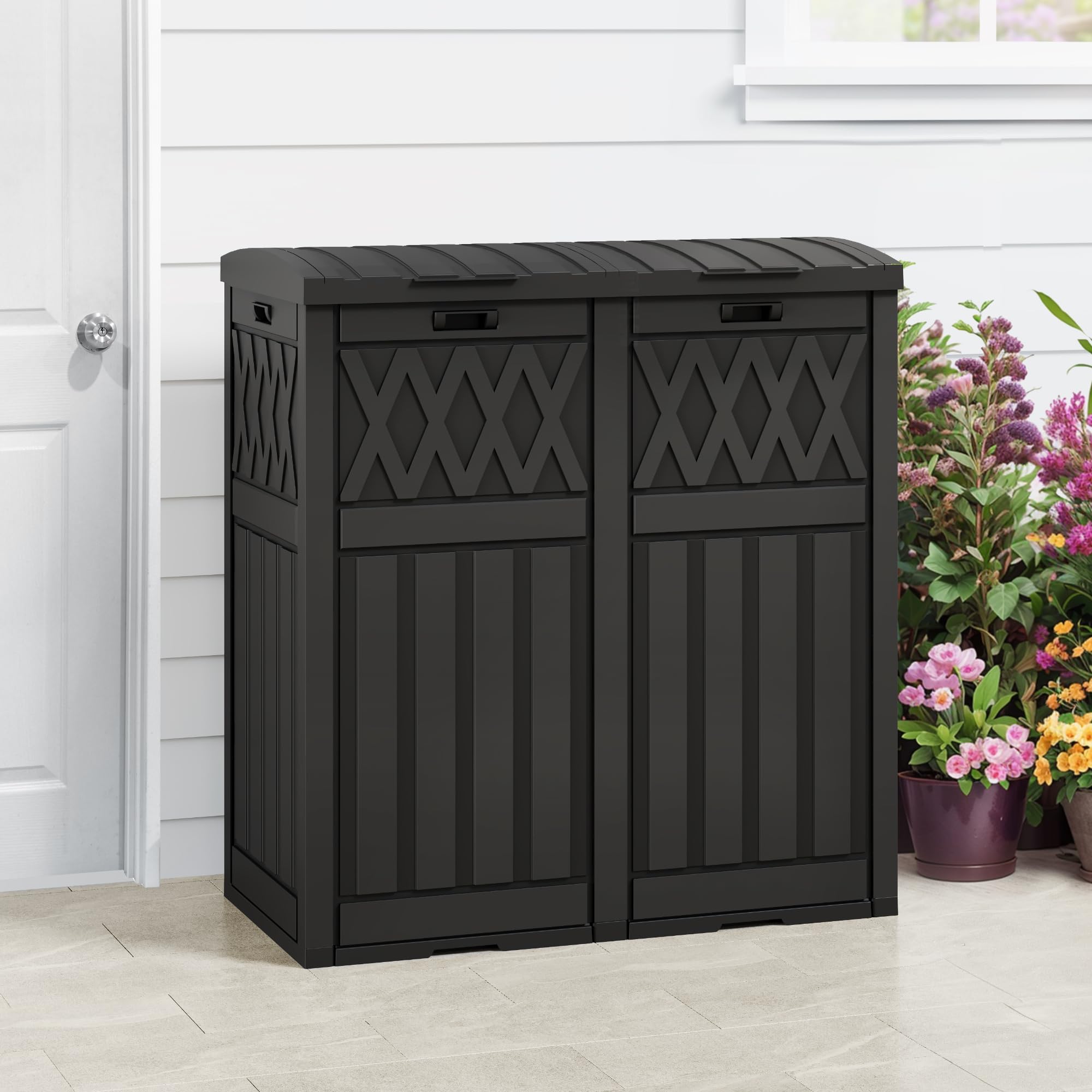 DWVO 66 Gallon Outdoor Trash Can with Lid - Waterproof Resin Double Bin Garbage Can with Drip Tray - Perfect for Patio, Deck, Backyard & Kitchen Waste Management - Black