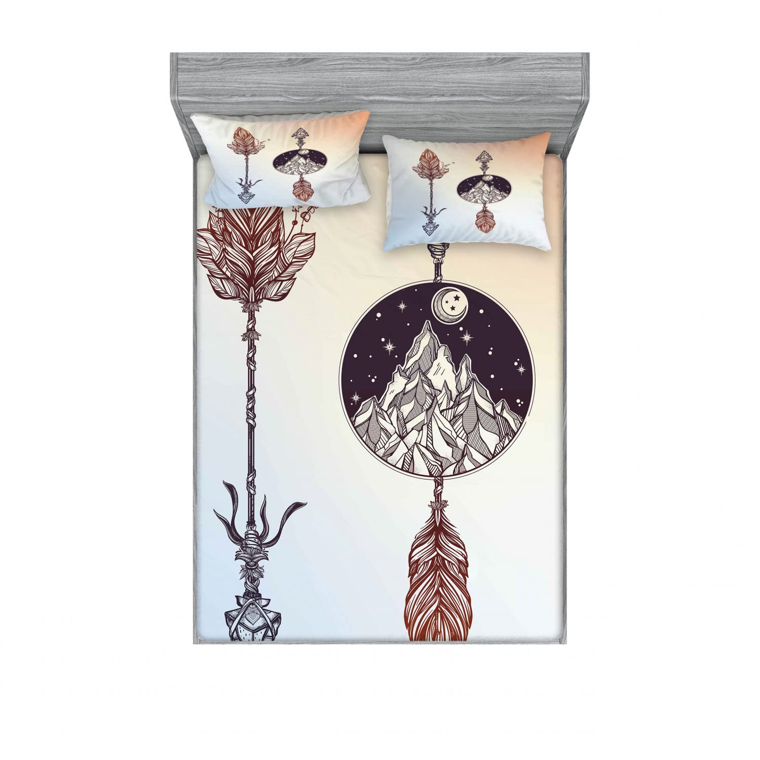 Ambesonne Boho 2-Piece Queen Size Bedding Set - Feather Mountain Design Fitted Sheet & Pillow Sham (4 Pcs) in Sepia & Blue | Bohemian Bedroom Decor for Guest Rooms & Vacation Homes