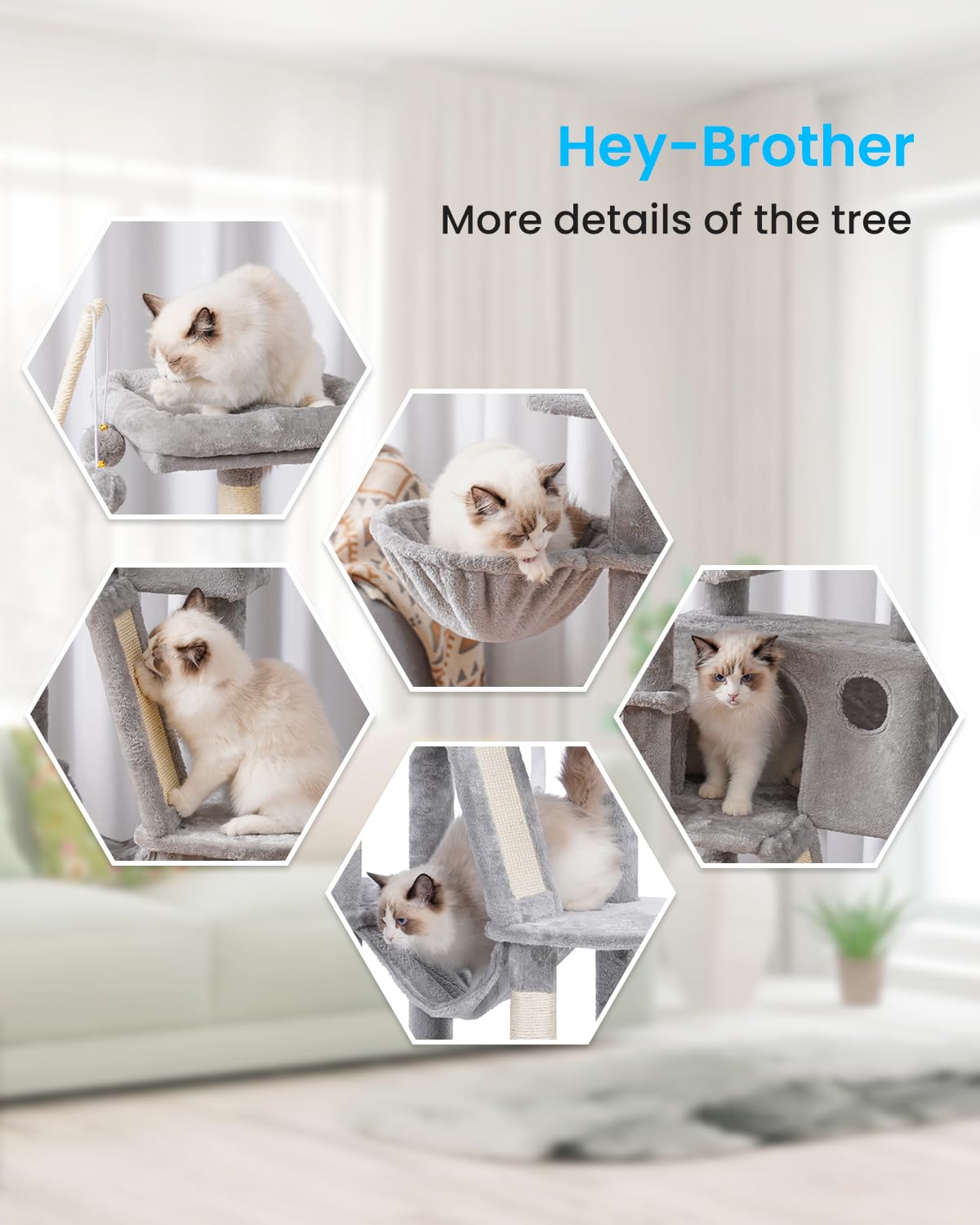 Hey-brother 53 Inch Cat Tree for Indoor Cats - Multi-Level Cat Tower with Cozy Condo, Padded Platform Bed, Hammocks, Sisal Scratching Posts & Toy Balls (Light Gray) - Perfect for Play, Rest & Climbing in Living Rooms & Bedrooms