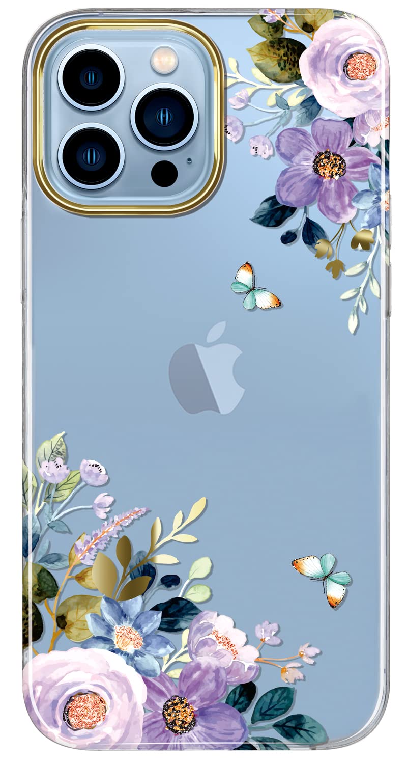 BAISRKE Clear Floral Case for iPhone 13 Pro Max (6.7 inch 2021) - Shockproof Hard Back Cover with Diagonal Flower Pattern, Girly Women's Phone Protection | Perfect for Everyday Use, Office & Travel