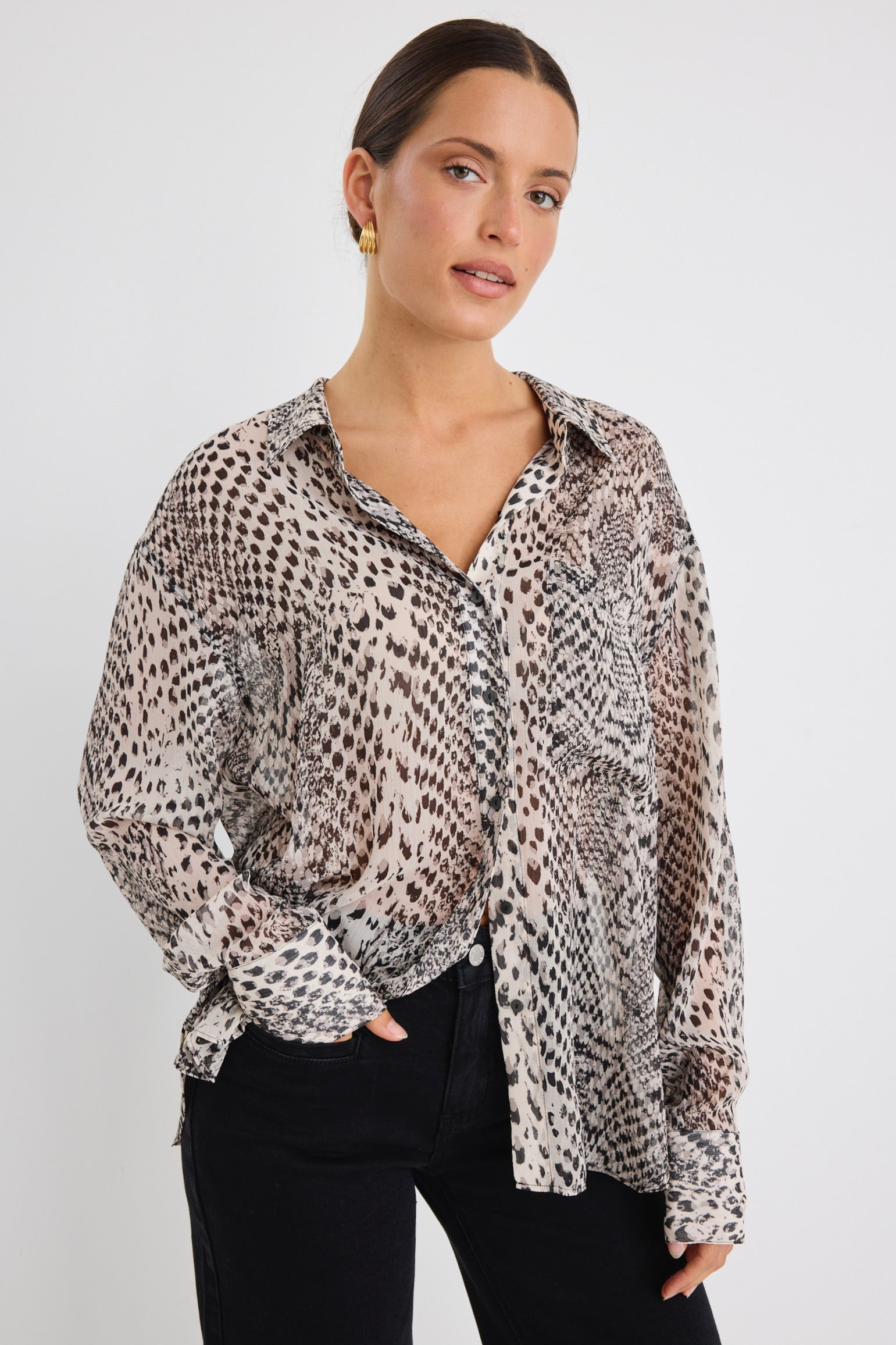 Felix Charcoal Snake Print Georgette Oversized Shirt for Women - Stylish Loose Fit Blouse for Casual Outings and Date Nights