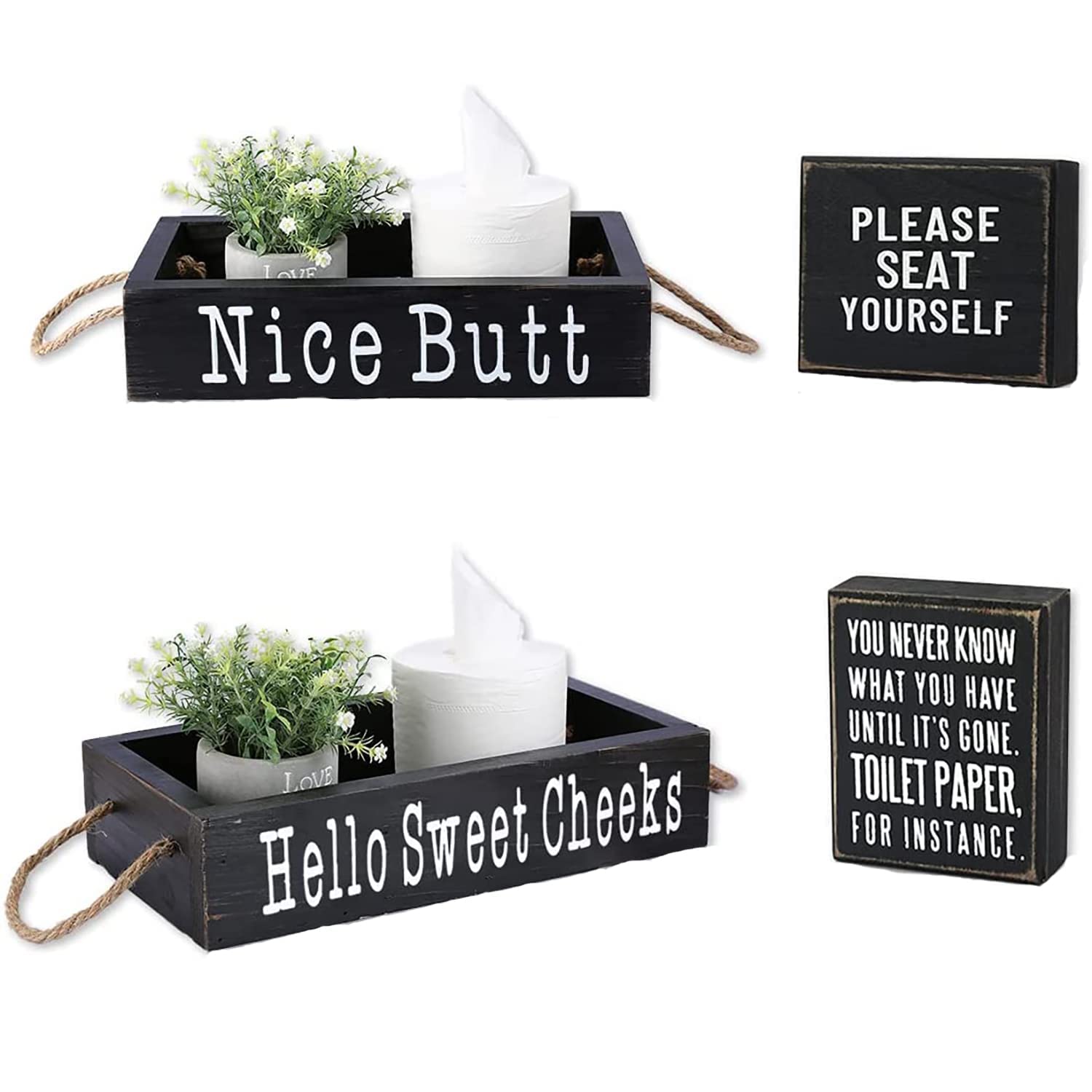 Funny Farmhouse Bathroom Decor Box - Black & White Toilet Tank Storage Organizer with Humorous Signs | Perfect for Bathroom Organization & Rustic Home Decor