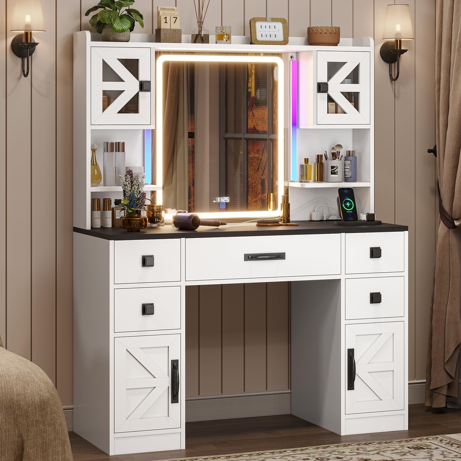 Tiptiper Farmhouse Vanity with Touch Screen Mirror & Time Display - Large Makeup Vanity with USB Charging Station, LED RGB Lights & 5 Drawers - White & Black Vanity Desk with Mirror - Perfect for Bedroom, Dressing Room & Home Salon Makeup Organization