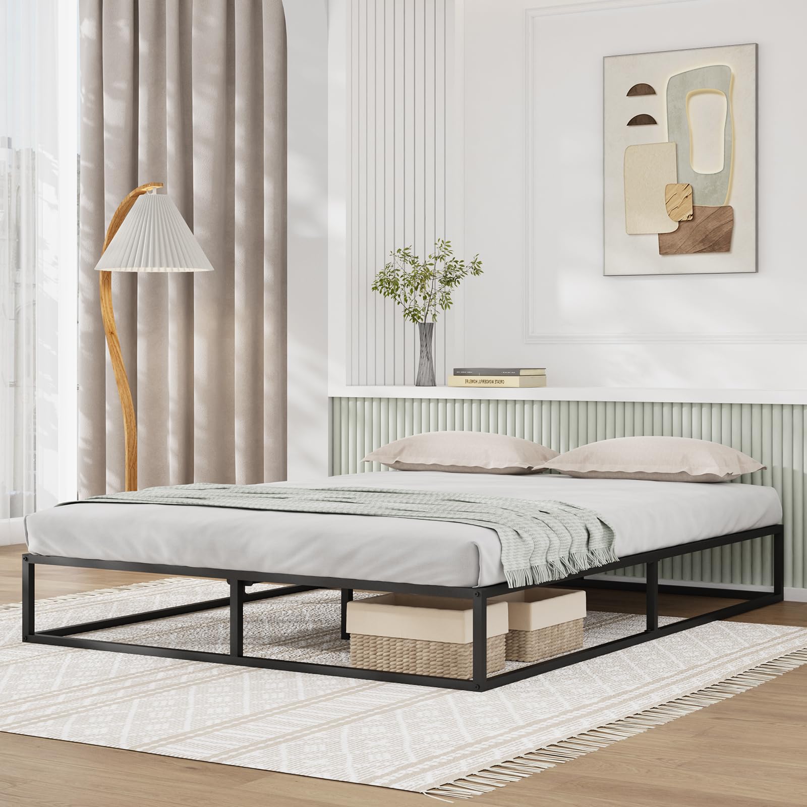 Novilla Queen Size Metal Platform Bed Frame with Wood Slats - Sturdy & Durable Steel Frame, No Box Spring Needed - Easy Assembly in Dark Black - Perfect for Modern Bedrooms & Guest Rooms