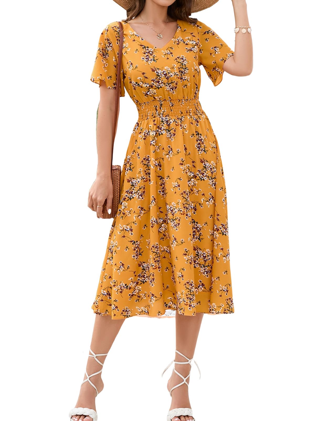 Gardenwed Women's Floral Chiffon Summer Dress - Elastic Waist Sun & Beach Dress for Outdoor Parties, Vacations, and Casual Wear