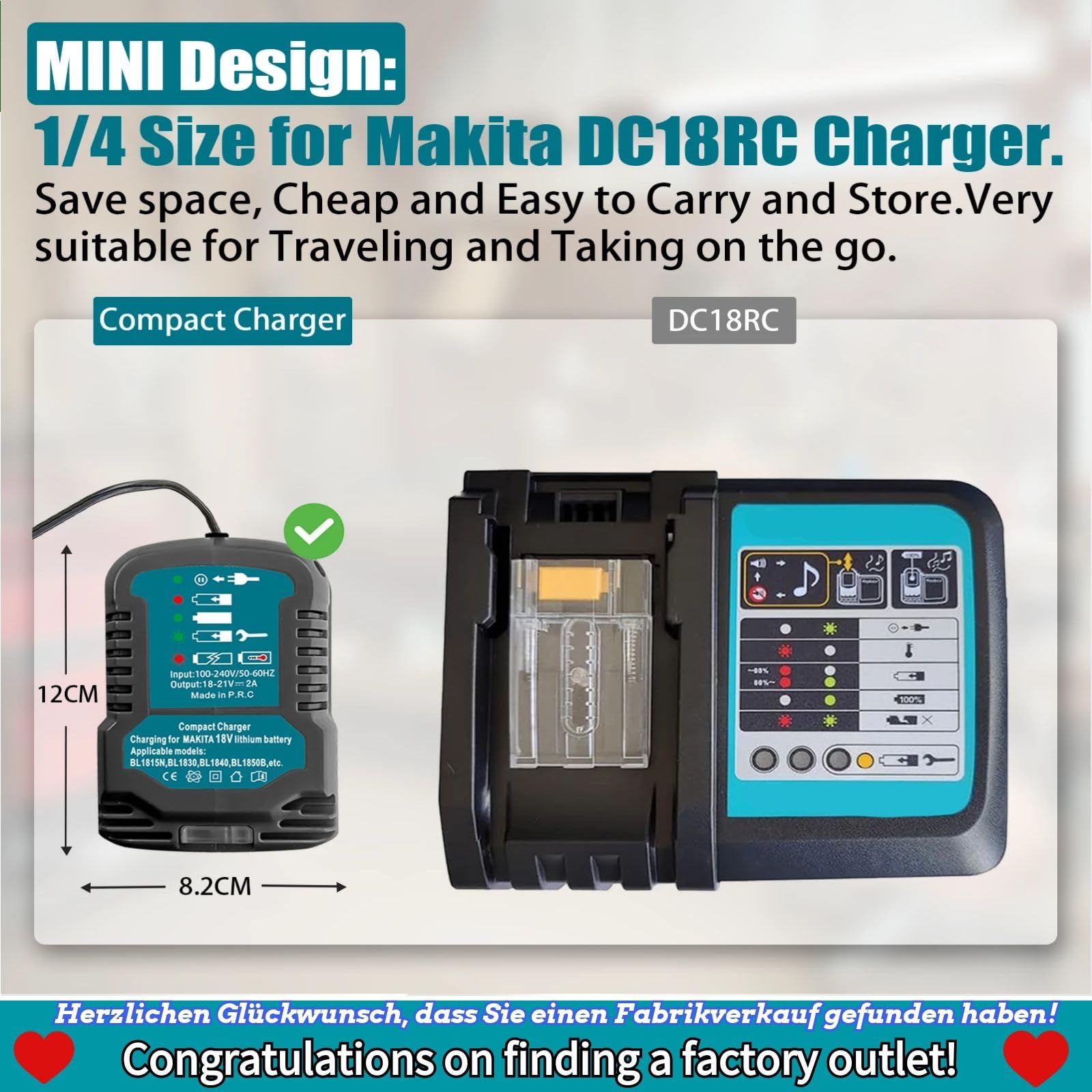 Makita 18V BL1850B BL1860 BL1830 BL1815 Battery Charger Replacement - DC18RC 18V Fast Charger, Compact Portable Power Tool Charger (For 18V Batteries Only) - Ideal for Construction Sites, DIY Projects & Home Workshops