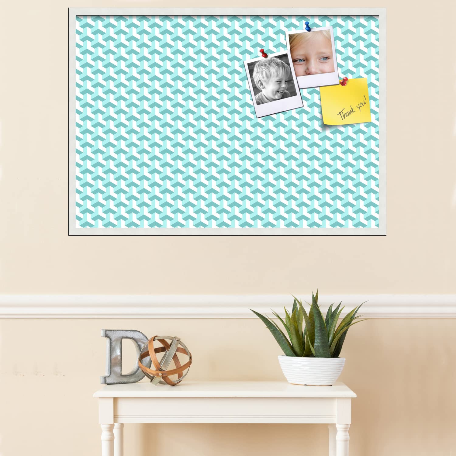 PinPix 40x28 Inch Cork Bulletin Board with BAUS Aqua Design & Satin White Frame - Decorative Pin Board for Home Office School Decor - Perfect for Notes, Photos, Reminders & Wall Organization