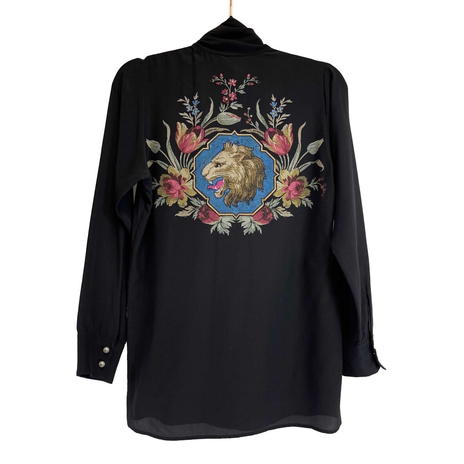 Gucci Silk Bow Blouse with Floral Garden Print - Women's Black Blouse Size US 4 (38) - Elegant Office Wear & Evening Party Top