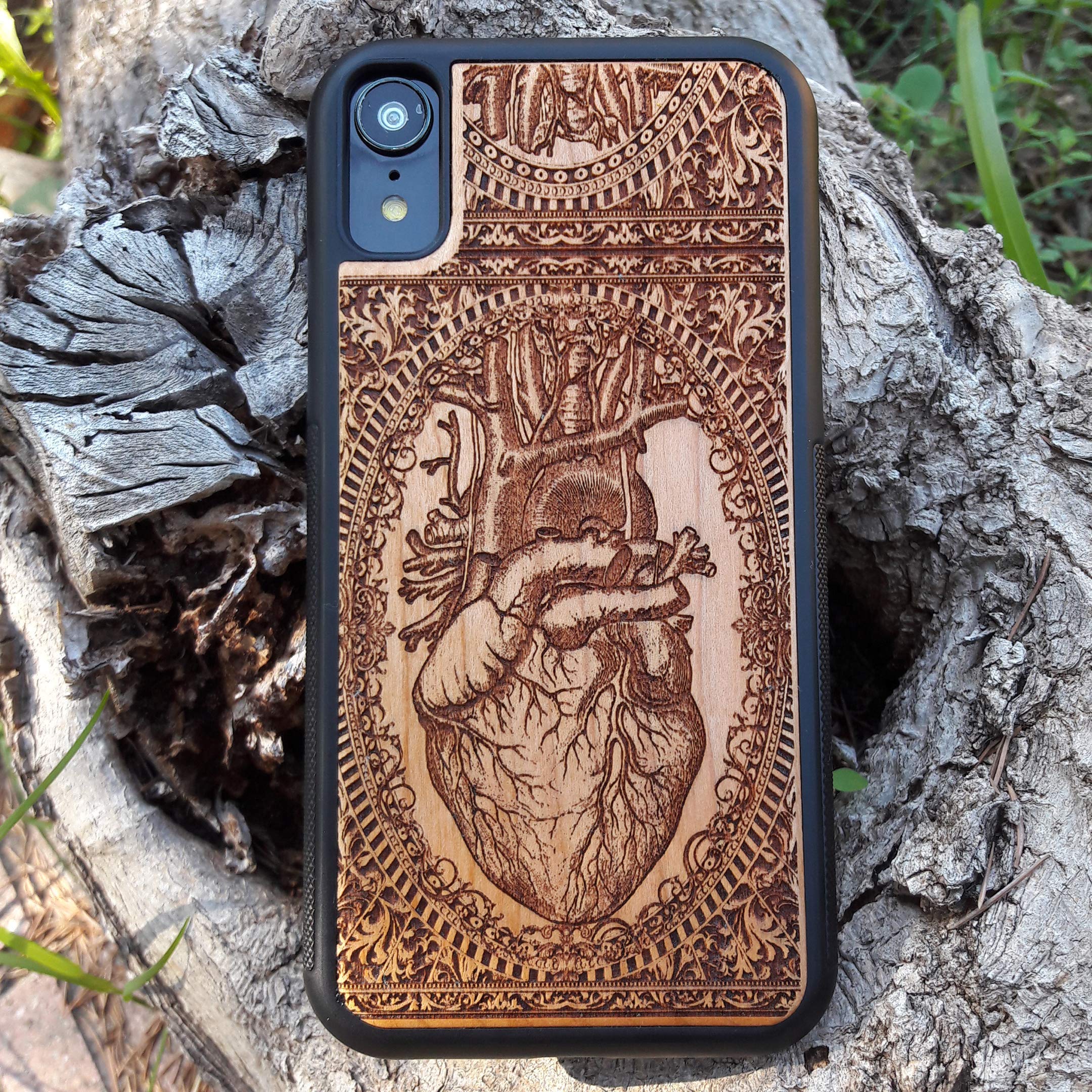 Human Heart Anatomy Laser Engraved Wood Phone Case - Compatible with iPhone 16/15/14/13/12/11 Pro Max/Mini & Galaxy S25/S24/S23/S22/S21/S20 Ultra Plus - Eco-Friendly Slim Durable Wooden Cover for Medical Students & Science Lovers