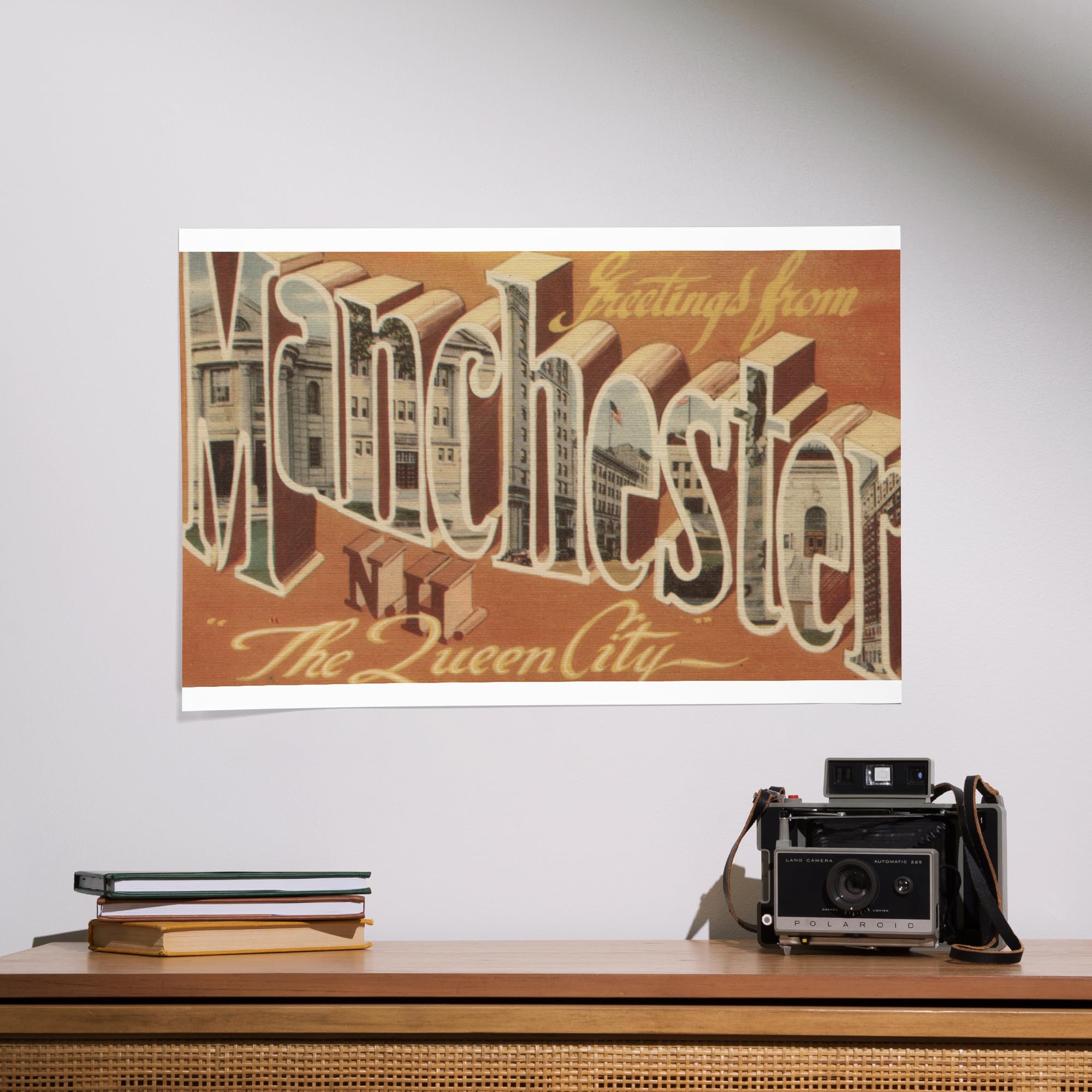Lantern Press 16x24 Inch Giclee Art Print - Greetings from Manchester New Hampshire Gold Framed Wall Decor - Perfect for Home, Office & Gift Giving